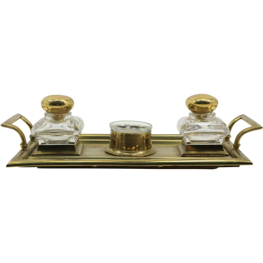 19th C. Brass Desk Top Double Inkwell Clear Glass Wells 12 1/4 in. length x 6 1/4 in. wide (1 of 19)