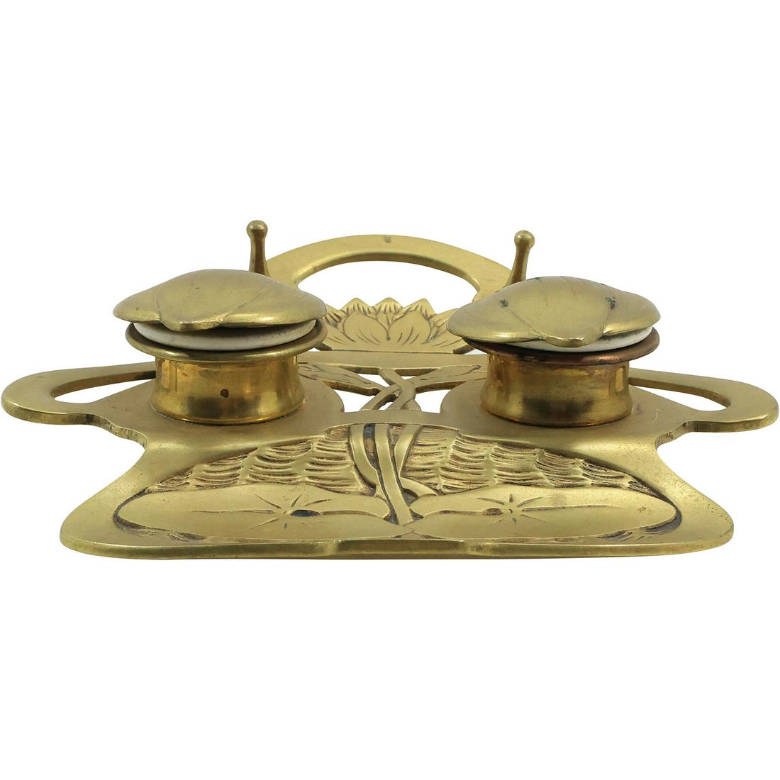 Signed Geschutz Brass Art Nouveau Lily Pads Desk Top Double Inkwell with Porcelain Wells (1 of 19)