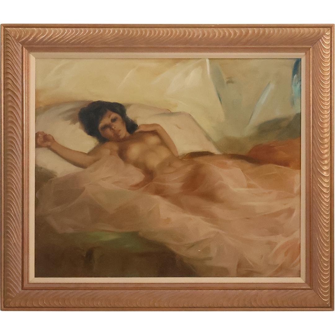 C Calio, Italian, 20th C. Oil on Canvas Painting, Reclining Nude Female in Bed: C Calio, Italian, 20th C. Oil on Canvas Painting, Reclining Nude Female in Bed. Signed and Framed, Listed Artist. size: 20 x 24, 25.5 x 29.5 outside frame. ASKart: C. Calio (20th Century) was active/l