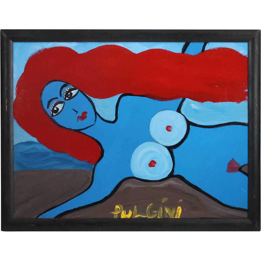 Thomas Pulgini, American, Oil on Board Painting Abstract BLUE WOMAN at The Shore: Thomas Pulgini, American, Oil on Board Painting Abstract BLUE WOMAN at The Shore. Signed , Framed, Well Listed American Artist. size: 24 x 32, 27 x 35 outside frame. ASKart: Thomas Pulgini, Born 1965