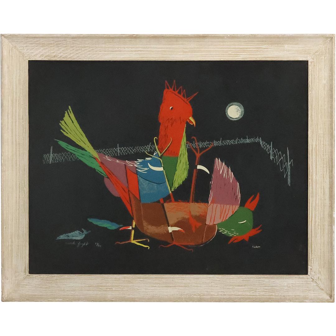 Philip Hicken, Oil on Board Painting "Cock Fight", Signed Hicken, Framed (1 of 14)