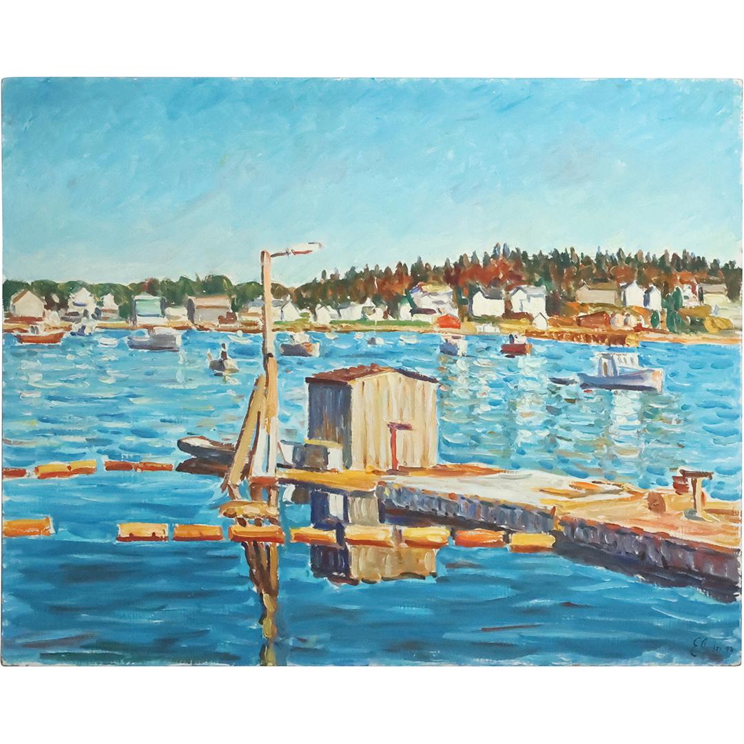 Edmond Jordan, Oil on Board Painting, Fishing Pier on The Lake, Signed E Jordan: Edmond Jordan, Oil on Board Painting, Fishing Pier on The Lake, Signed E Jordan. ARTIST IS EDMOND JORDAN aka Ned Jordan who was known for NJ and Maine Coastal Seascapes size: 24 x 30