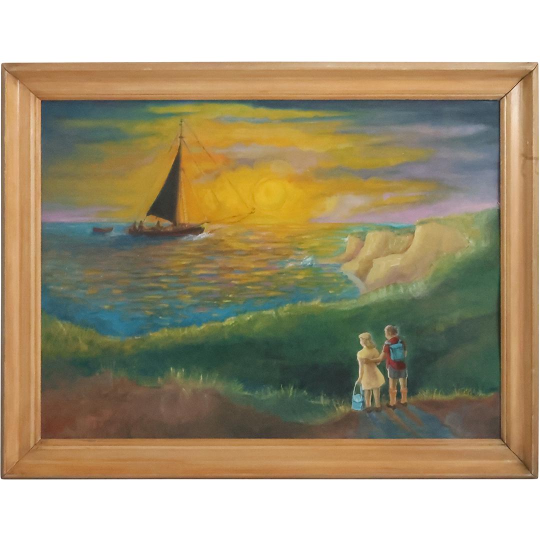 Vintage Oil On Board Painting Watching Boat Going Out to Sea at Sunset (1 of 10)