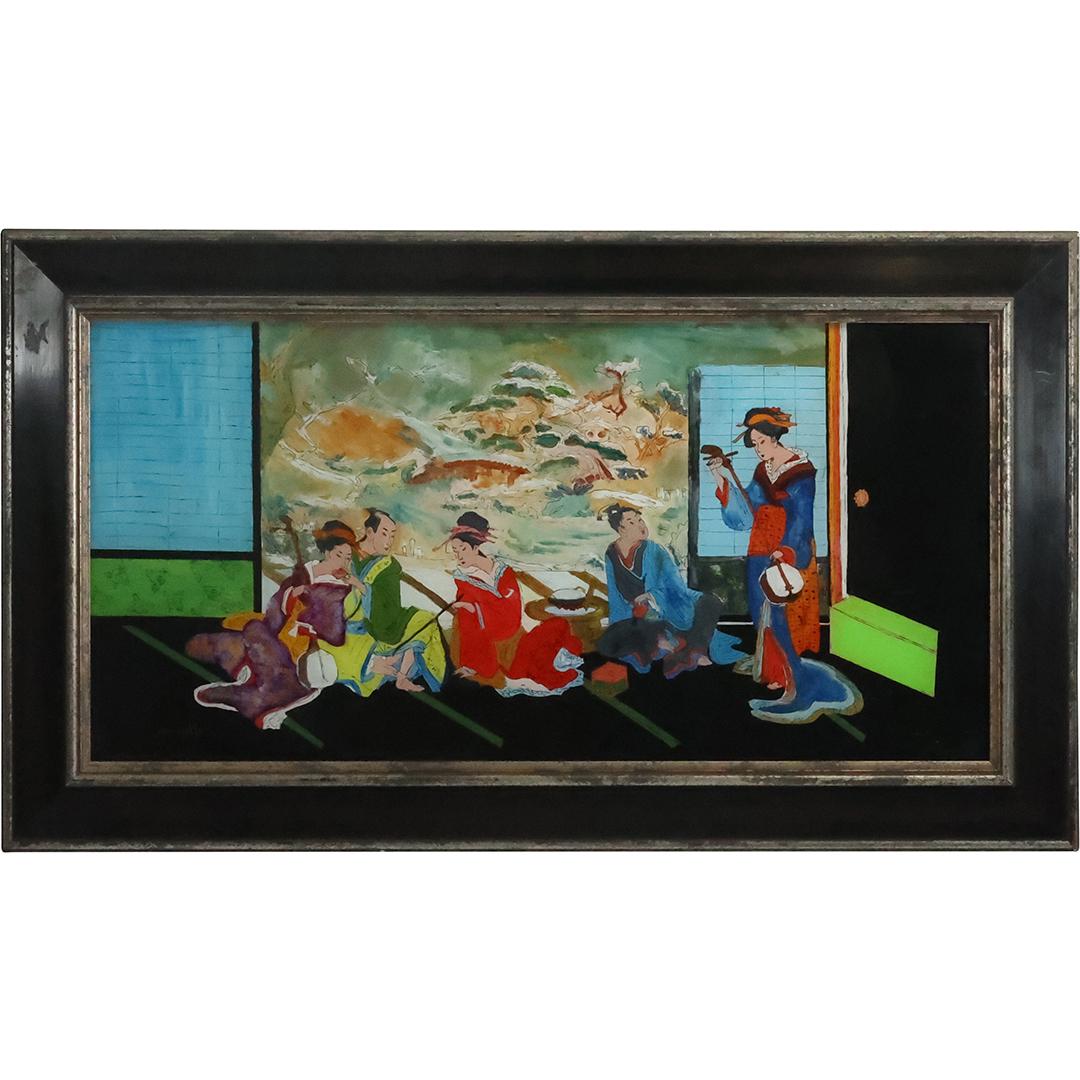 Signed Annette, Japanese Painting Interior Scene with Figures, Framed (1 of 15)