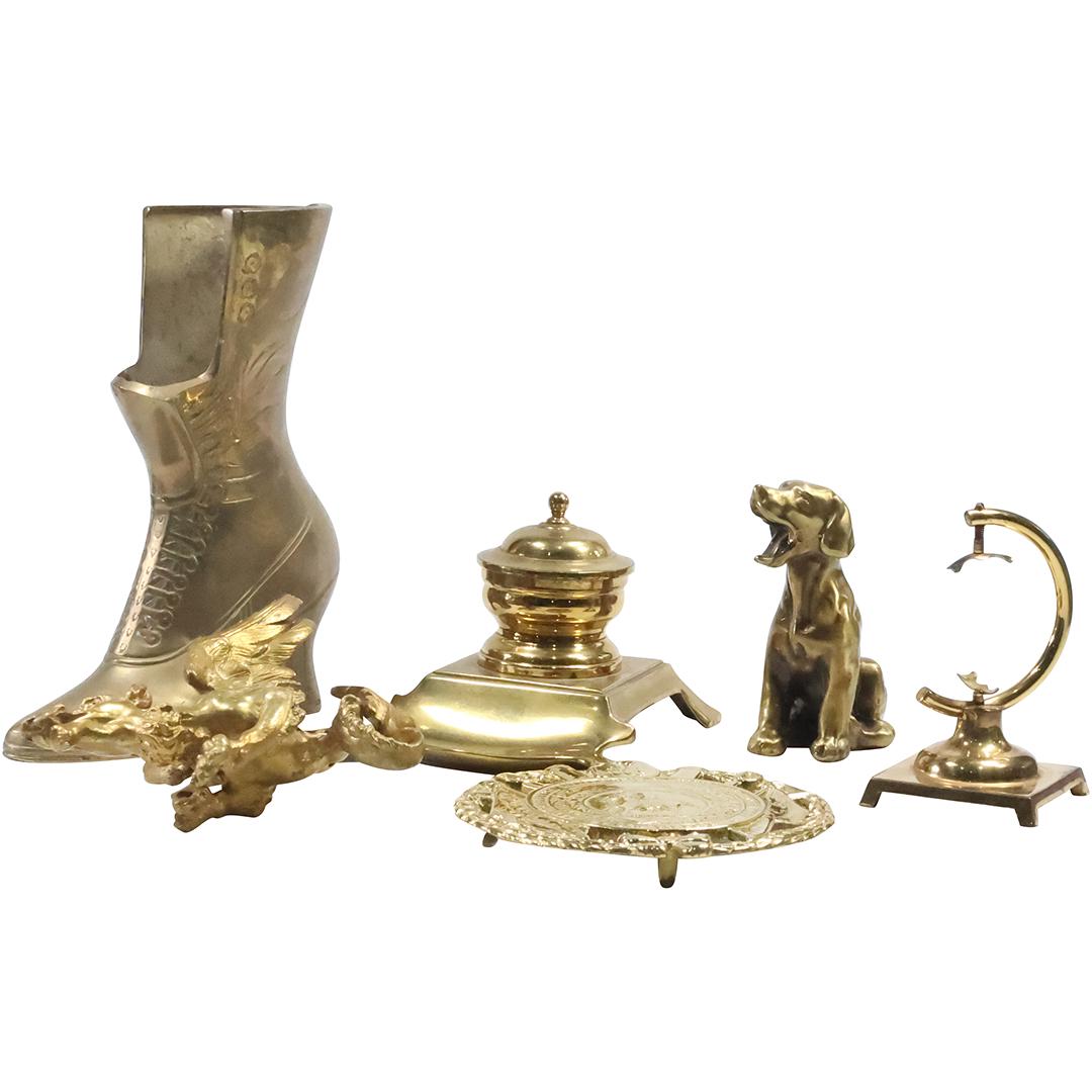 Estate Grouping [6] Assorted Brass Collectables including Boot Vase, Inkwell, Dog Figure, Etc. (1 of 20)