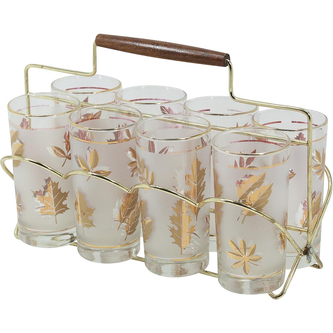 [8] Libbey Glass Gold Leaf Foliage Glasses in Metal Caddy Holder - Mid-Century Modern (1 of 18)
