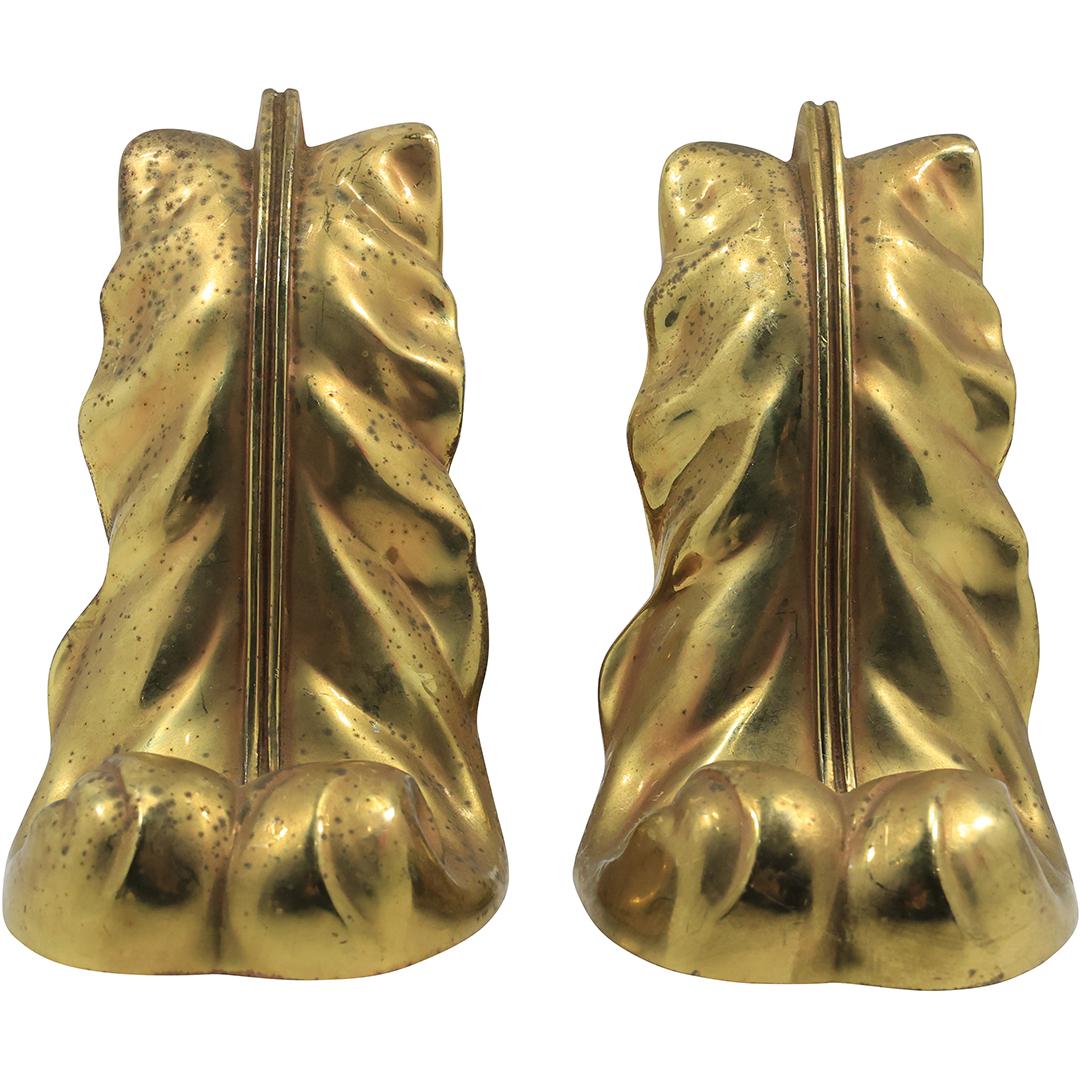 Brass Neoclassical Acanthus Leaf Shaped Foliate Bookends - Original Patina: Brass Neoclassical Acanthus Leaf Shaped Foliate Bookends - Original Patina. size: 5.5 in. x 4.25 in.