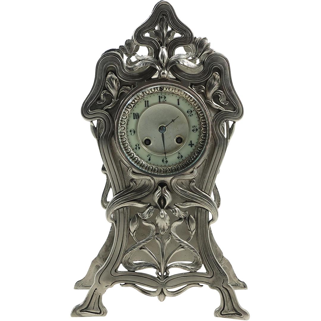 Fabulous ART NOUVEAU MANTLE CLOCK Silver Tone Metal Case, Porcelain Dial 15.75 inches height (1 of 18)
