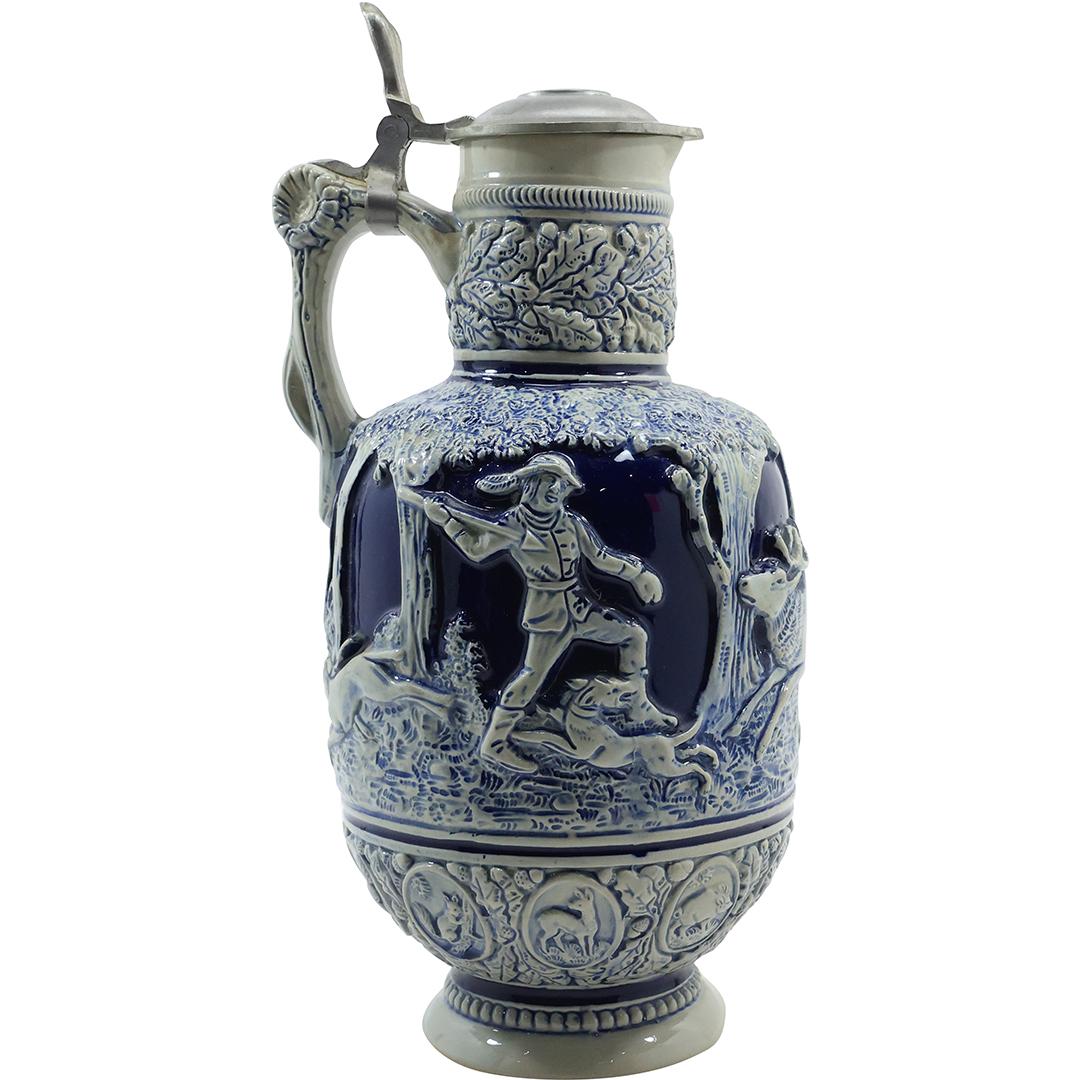 German Stoneware Stein Tankard, Blue Glaze Accent with Figures Scene in Relief 13 inches height (1 of 19)