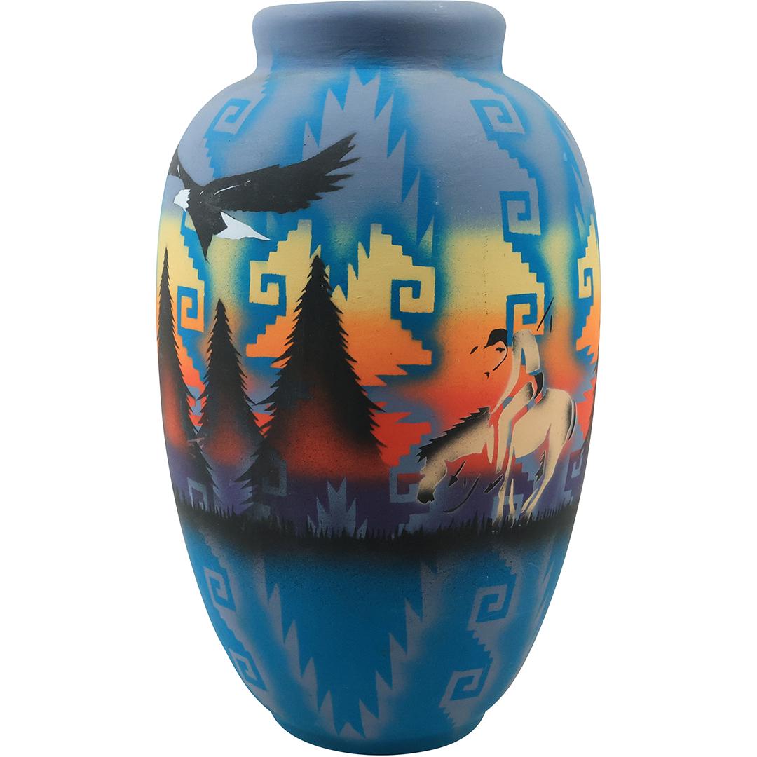 Artist Signed Ceramic Southwestern Vase Decorated Eagle, Indian on Horse 10 inches height (1 of 15)