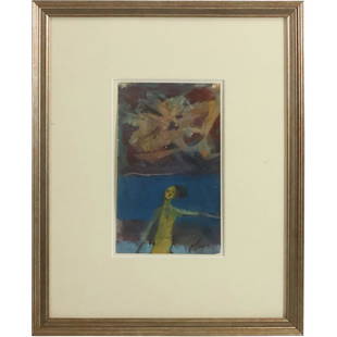 Nathan Oliveira (1928-2010) attributed, "Standing Figure", Oil Painting on Paper, Framed: Nathan Oliveira (1928-2010) attributed, "Standing Figure", Oil Painting on Paper, Framed. Bears signature. size: 8 x 5 matte, 15 x 12 outside frame. ASKart: Nathan Joseph Roderick Oliveira (1928 - 201