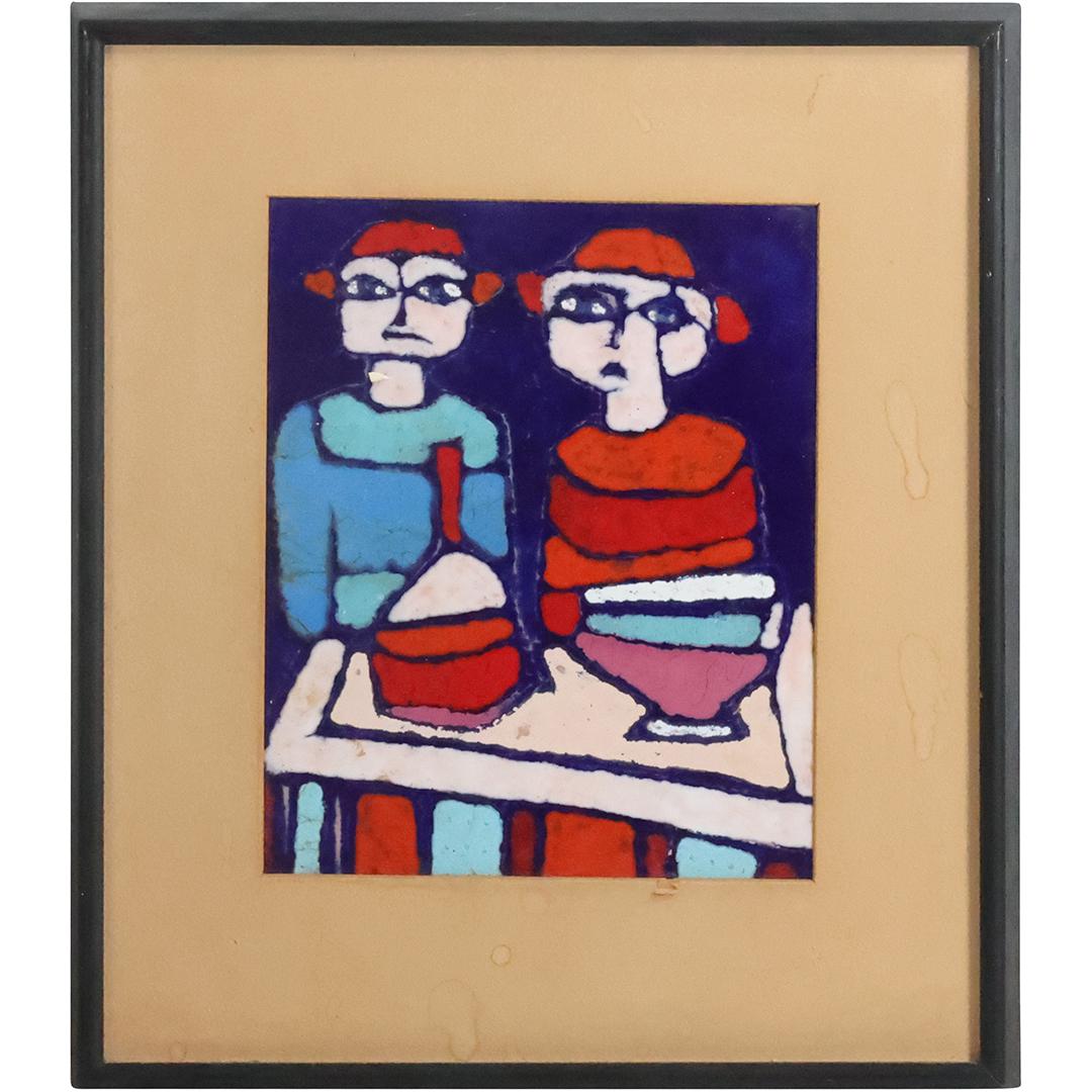 Mid-Century Modern Glazed Art Tile with Modernism Figures, Gallery Label on Verso: Mid-Century Modern Glazed Art Tile with Modernism Figures, Gallery Label on Verso. size: 9.25 x 7.25 matte, 14.75 x 12.75 outside frame