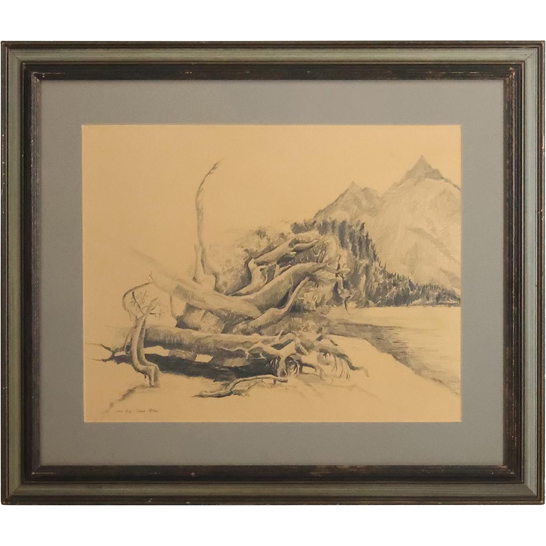 Vintage Framed Graphite Drawing Colter Bay, Grand Tetons (1 of 12)