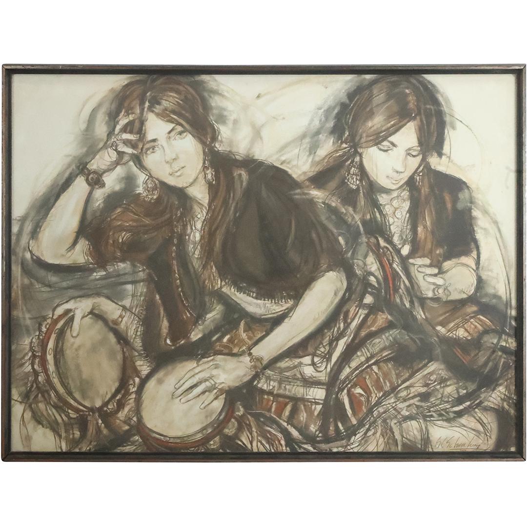 Sheldon C Schoneberg (1926 - 2012) Watercolor Painting Two Gypsy Women Musicians (1 of 14)