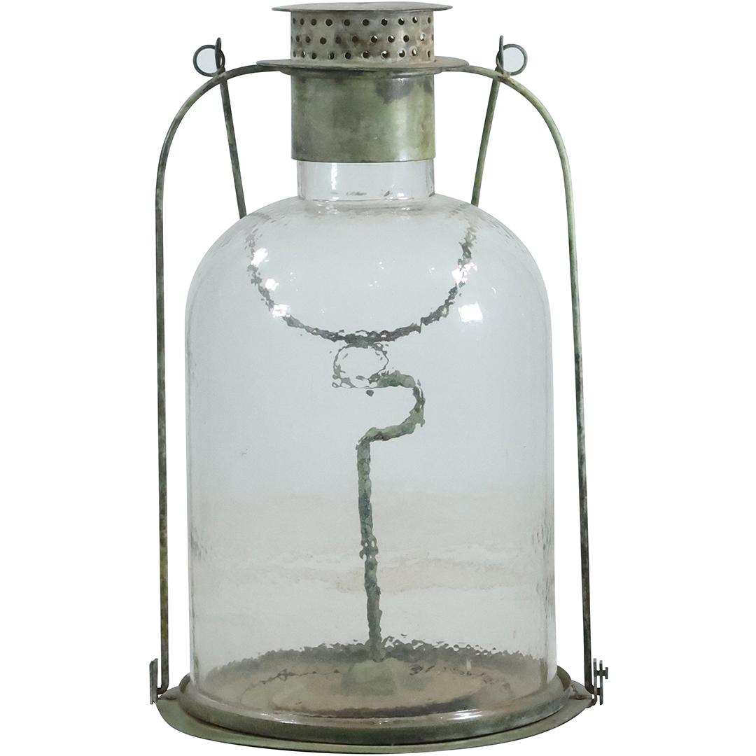 Large Bronze and Clear Glass Hanging Candle Lantern: Large Bronze and Clear Glass Hanging Candle Lantern. size: 39.5 x 17 w/ handle up