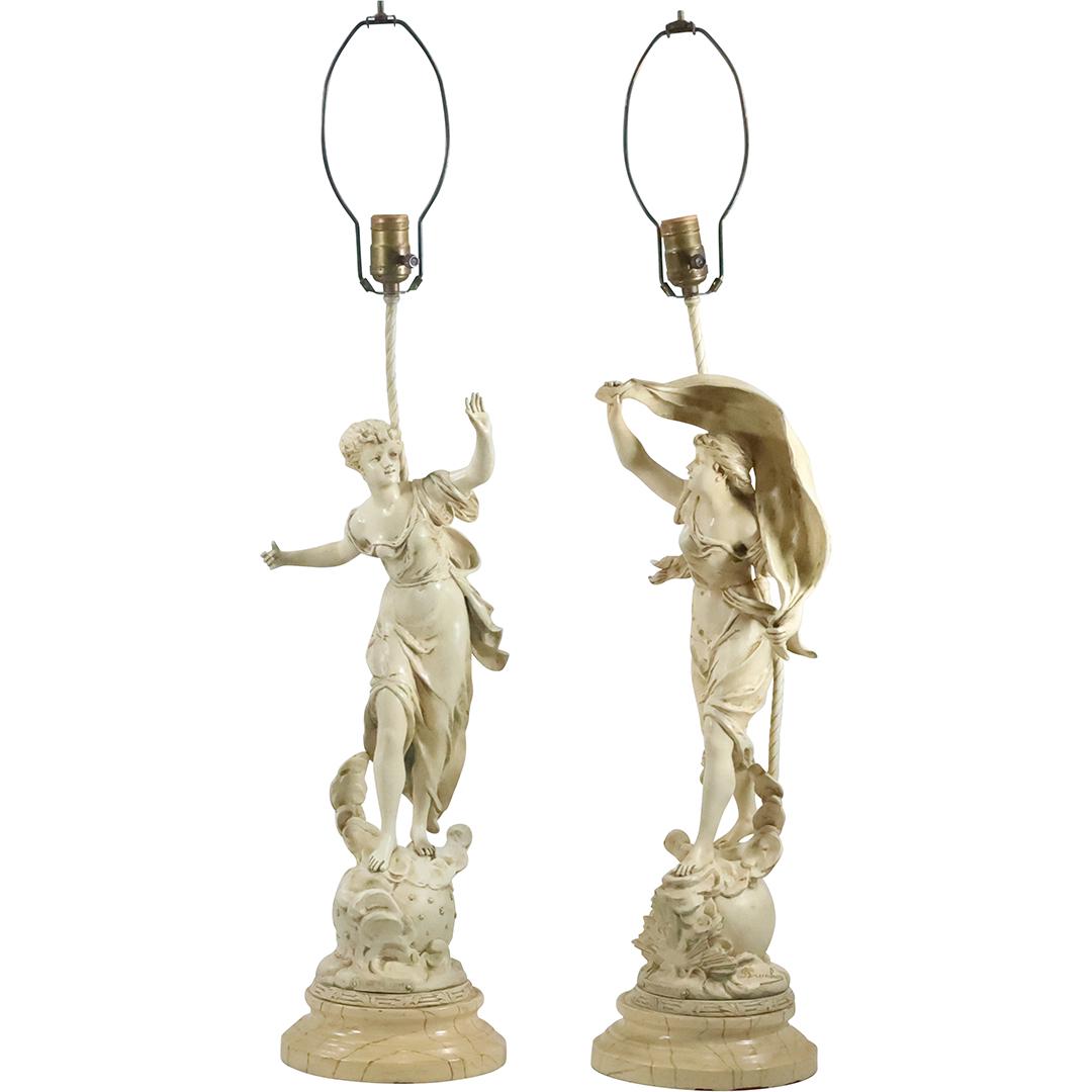 [2] Emile Bruchon , French Sculptor, Cast Metal Spelter Art Nouveau Woman Figural Lamps 35 inches: [2] Emile Bruchon , French Sculptor, Cast Metal Spelter Art Nouveau Woman Figural Lamps 35 inches overall height. size: 35 x 9 x 6. ASKart: Emile Bruchon (1806 - 1895) was active/lived in France. Emil