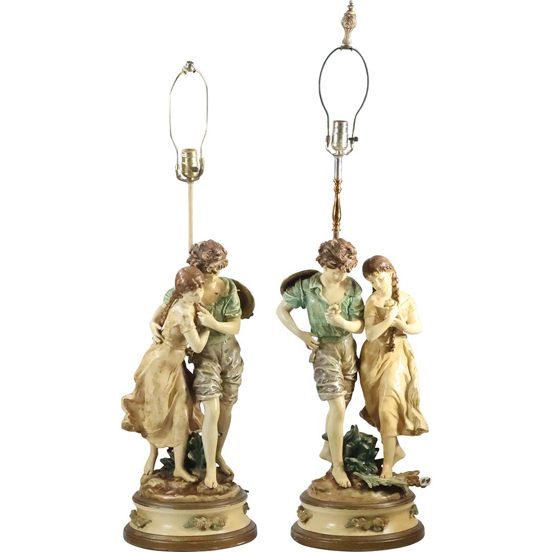 [2] Signed Hippolyte Moreau, Cast Metal Spelter Double Figures Statue Lamps 43.5 inches height (1 of 20)