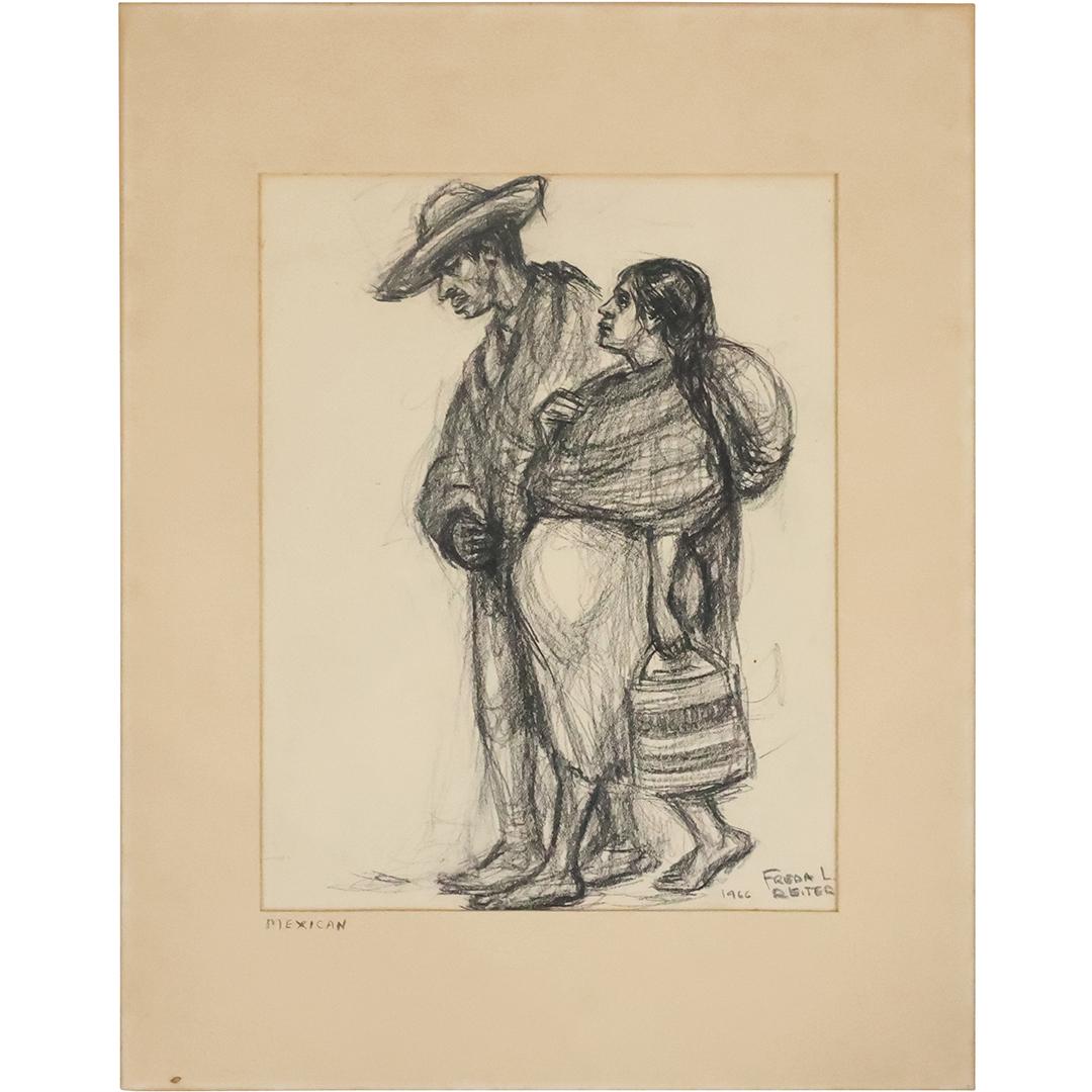 Freda L Reiter 1966; titled "Mexican" Graphite Drawing Two Figures, Signed and Dated (1 of 12)