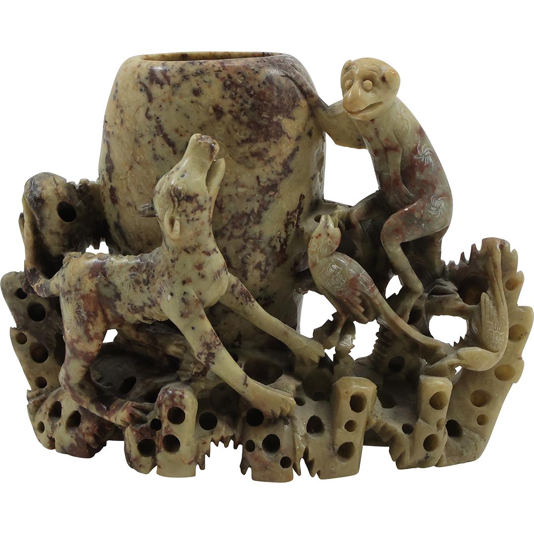 Chinese Soapstone Carved Grouping Wild Dog, Monkey, Exotic Bird 7 inches length (1 of 12)