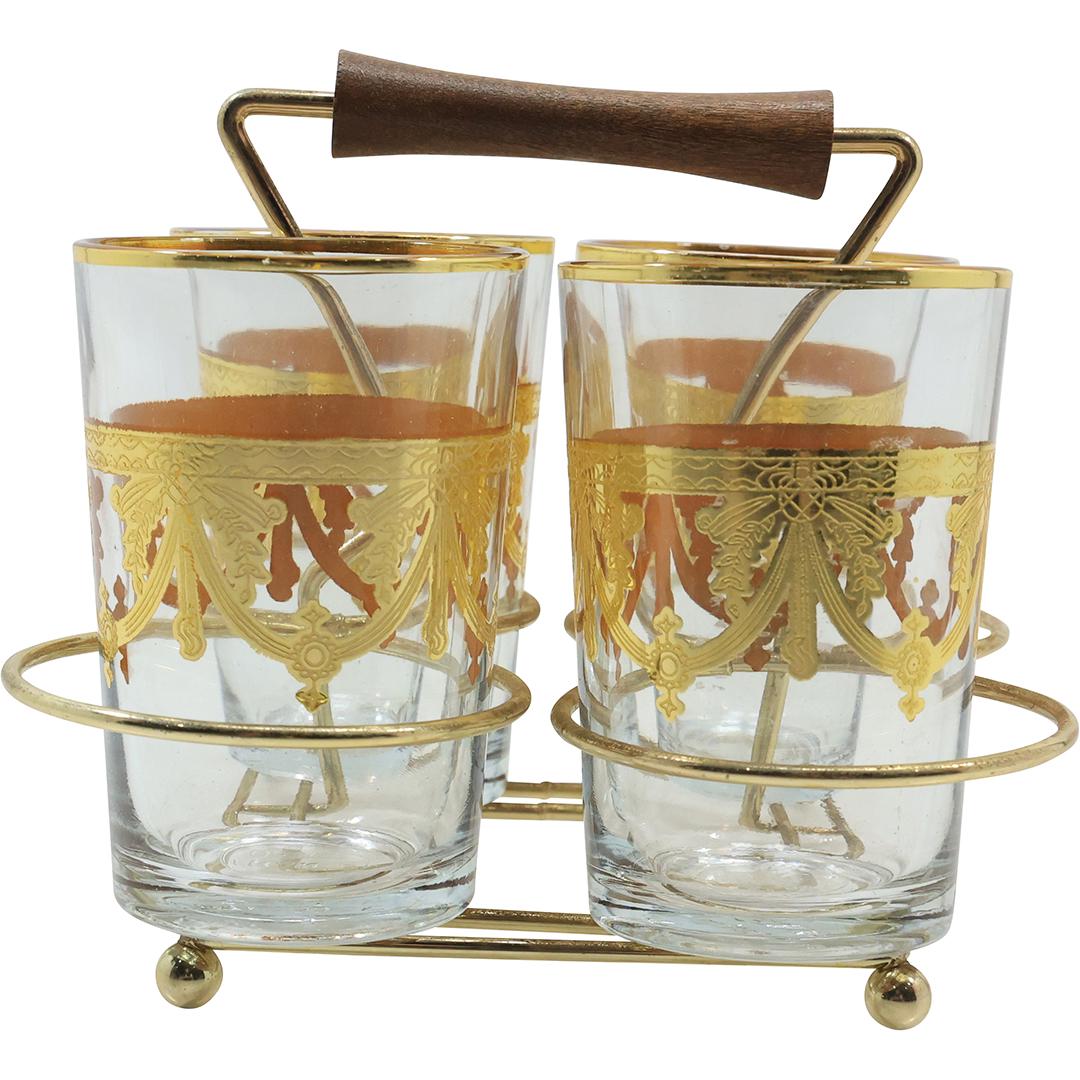 marked France Design, 4 Gold Decorated Drinking Glasses in a Metal Caddy Holder (1 of 18)