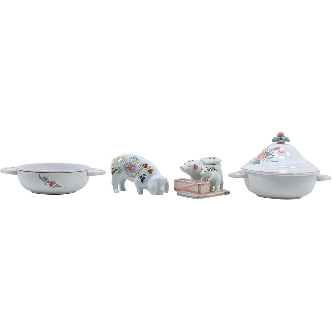 4 Pieces Assorted French Decorated Ceramic: Segries, Quimper, France for Tiffany & Co: 4 Pieces Assorted French Decorated Ceramic: Segries, Quimper, France for Tiffany & Co size: 5.5x8 (bowl w/lid), 2.75x4.25 (pigs), 2x8.25 (bowl w/o lid), 3.5x4.75 (dog)