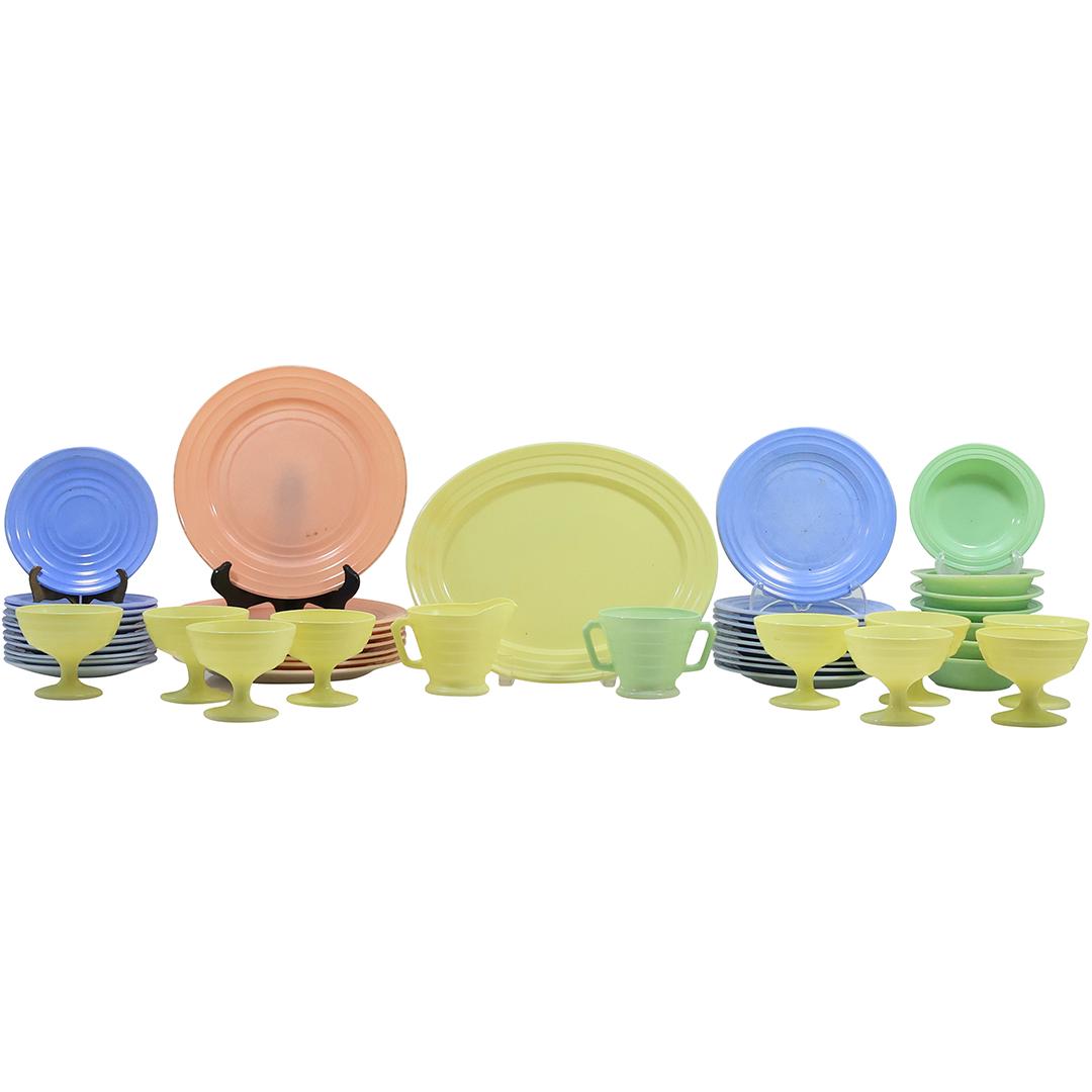 48 Pcs. Hazel Atlas Moderntone Plantonite Pastel Glass Dinnerware in Multi Colors (1 of 20)