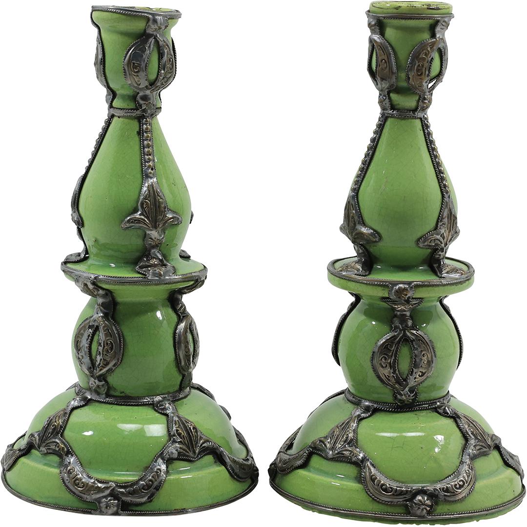[2] Green Ceramic Arts & Crafts Candlesticks Encased Sterling Silver Decoration 10 inches height (1 of 19)