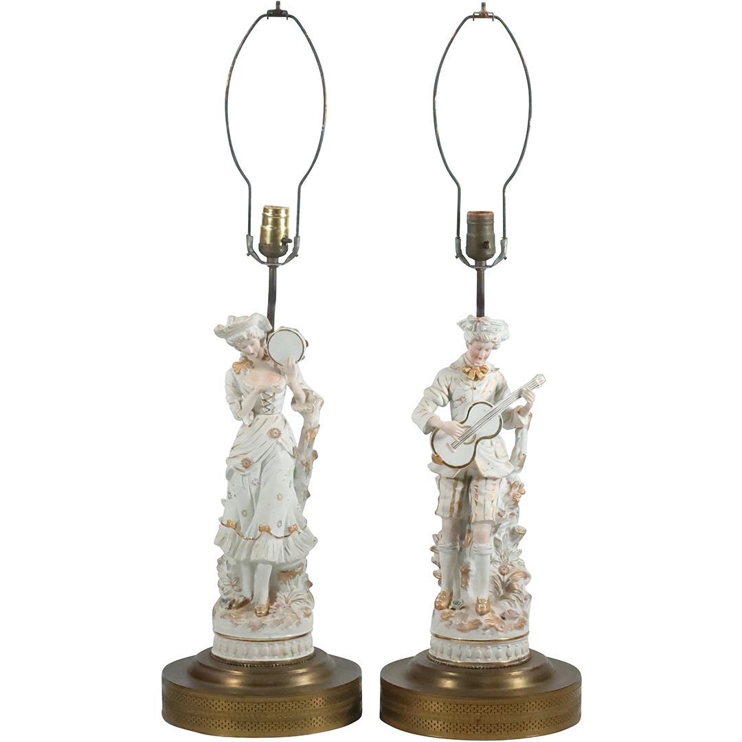 Pair French Bisque Man & Woman Musicians Figural Statue Lamps 32.5 inches overall heights (1 of 16)
