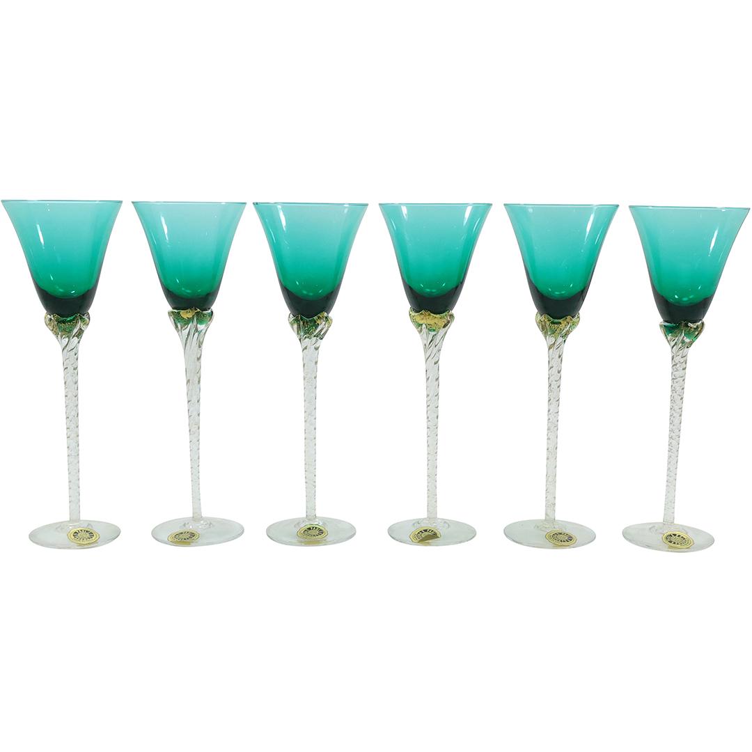 (6) Italian Venetian Glass Stemware Cocktail Glasses Teal Green Tops 10.5 inches height (1 of 20)
