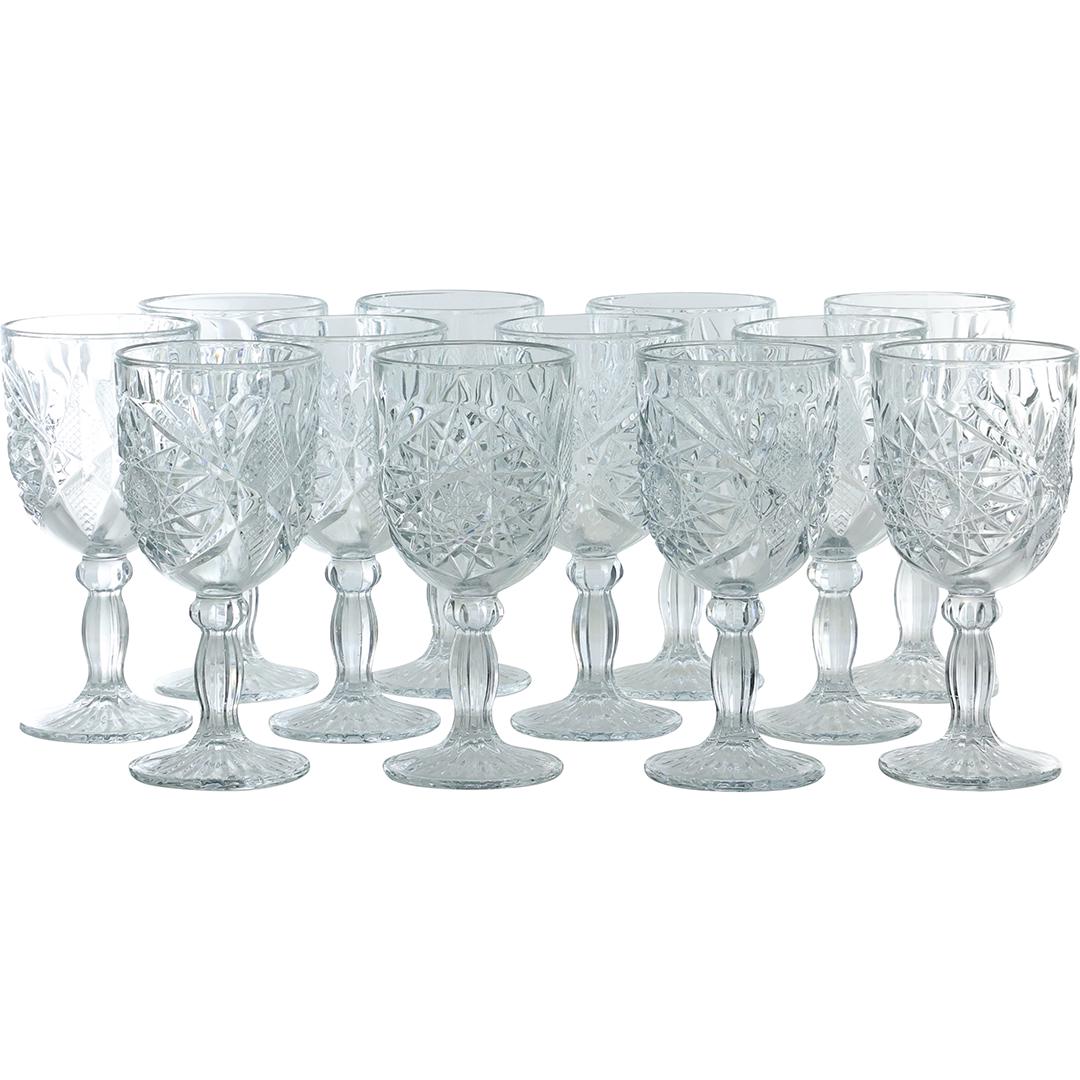 [12] Libbey Glass Hobstar Water Goblets on Stem Bases: [12] Libbey Glass Hobstar Water Goblets on Stem Bases. size: 7.25 in. x 3.5 in.