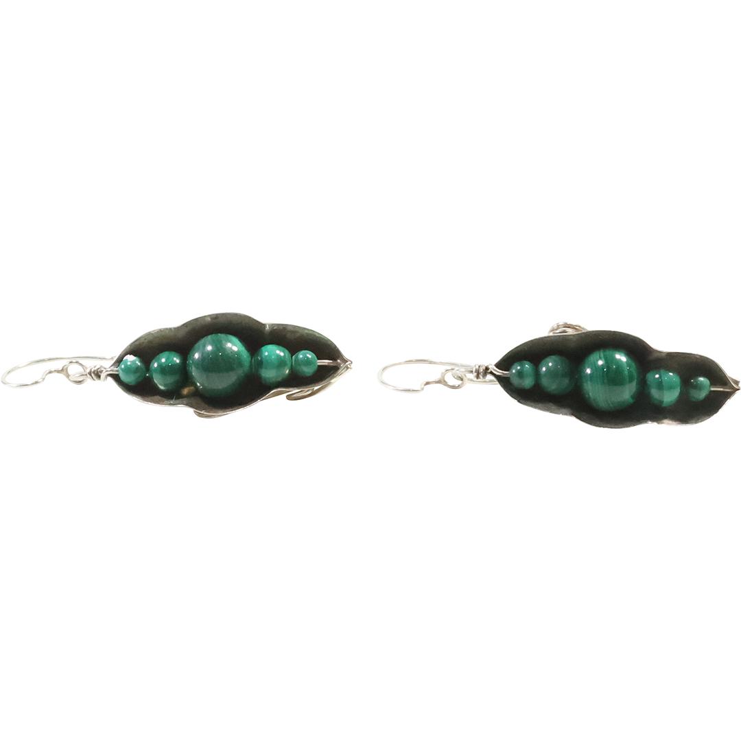 marked GMFW Sterling and Malachiter "Peas in a Pod" Hanging Earrings, Great Falls Metal Works (1 of 9)