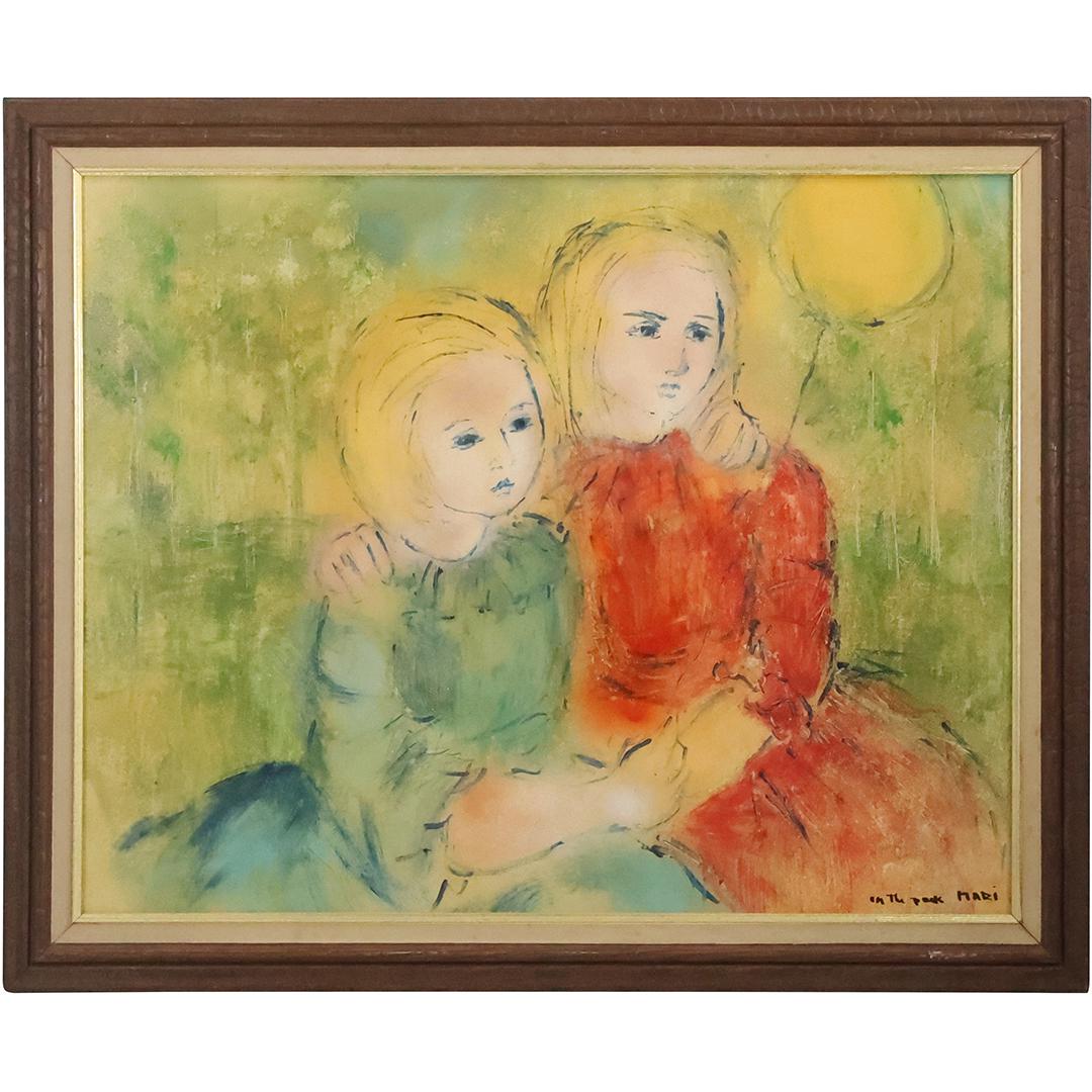 Signed MARI, "In The Park" Oil on Canvas Painting Two Sisters, Framed (1 of 13)