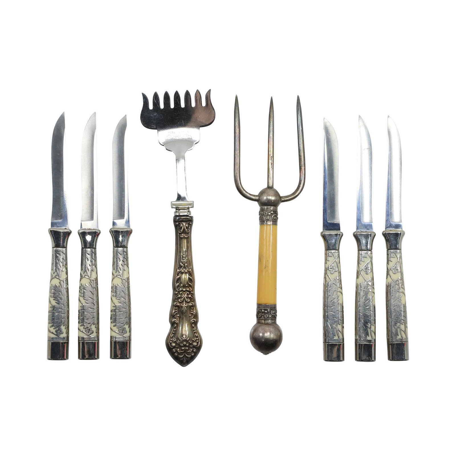 6 Sterling Silver Handle Steak Knives; Sterling Handel Sheffield Fork & Poker Fork (1 of 18)