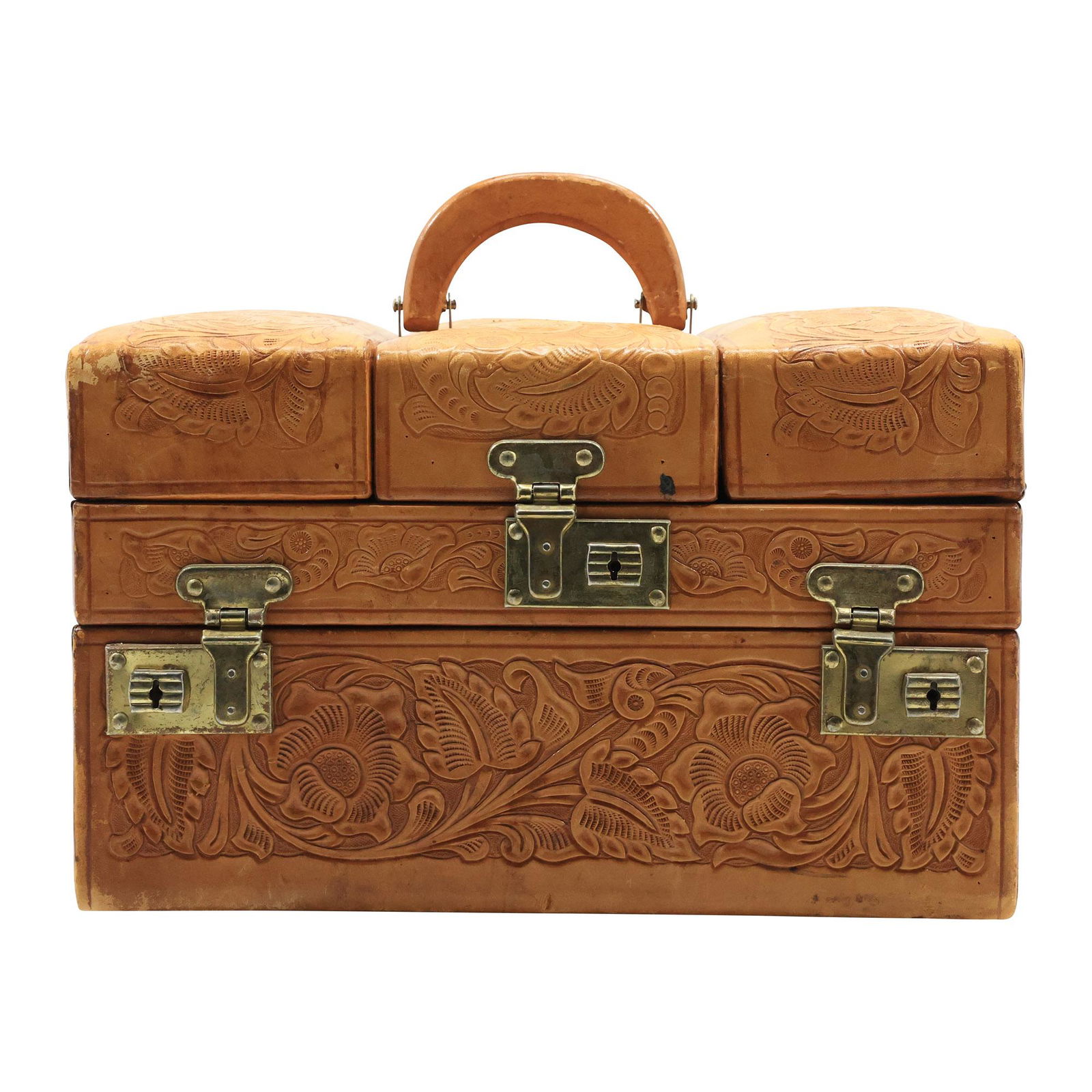 Mexican Tooled Leather Traveling Jewelry - Vanity Case with Compartments (1 of 19)