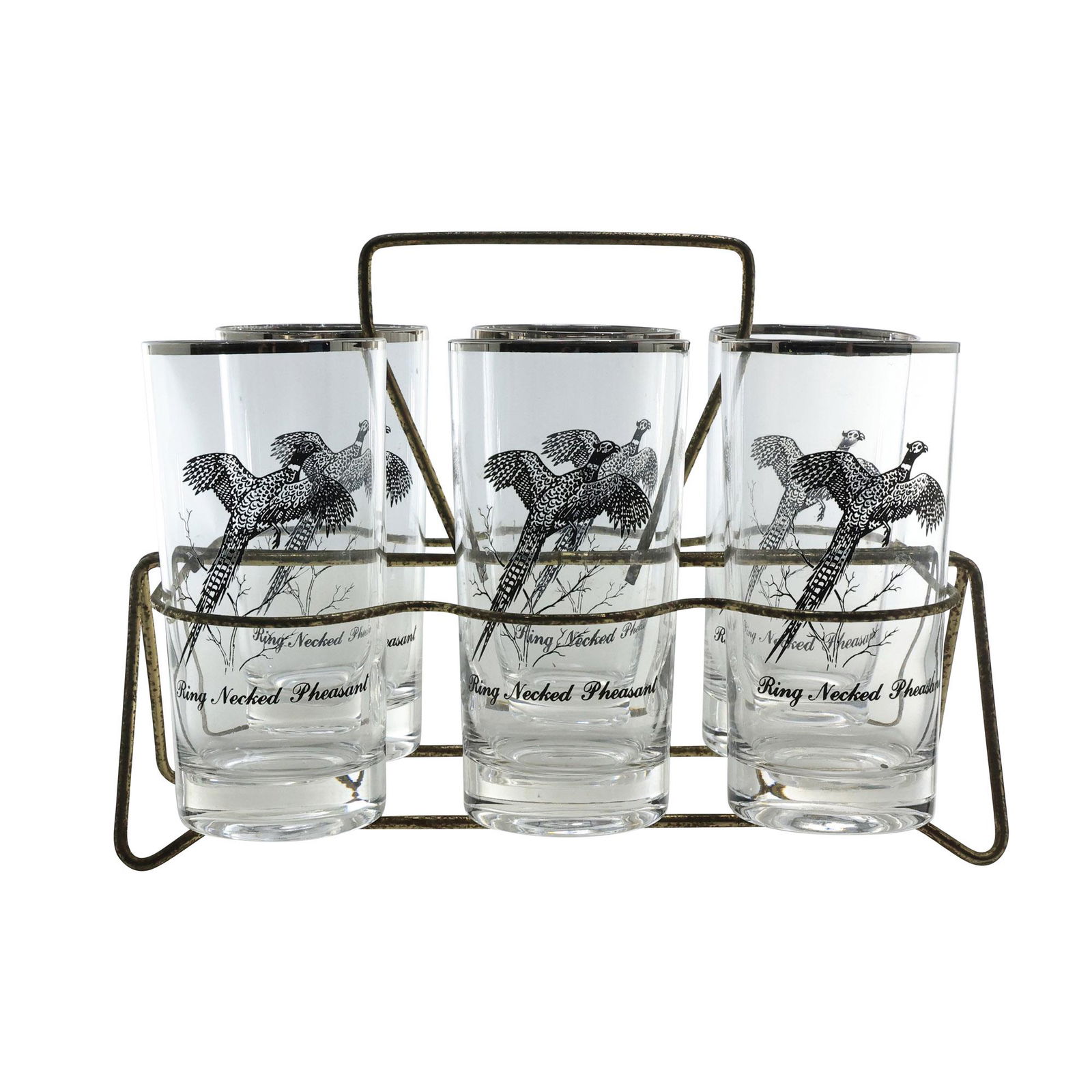 [6] Ring Necked Pheasant Highball Glasses in Chrome Metal Caddy Holder (1 of 18)