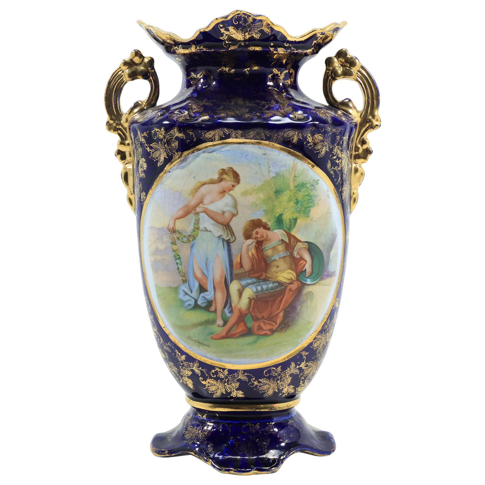 Empire Works Stoke on Trent England Cobalt Porcelain Vase with Scenic Panel 12 inches height (1 of 19)