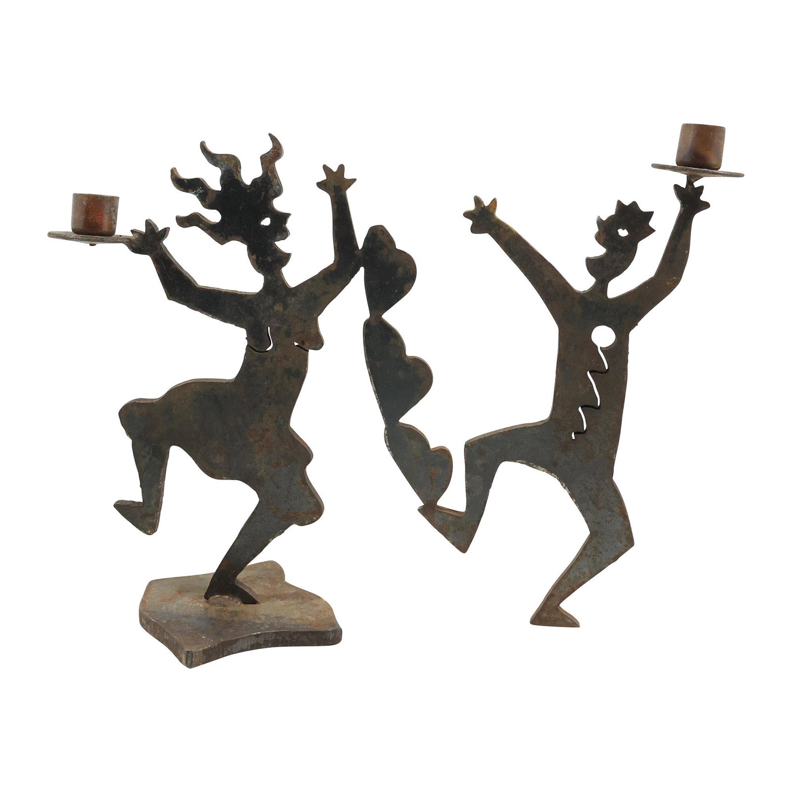 20th C. Folk Art Metal Cut-Out Dancing Couple with Hearts Candle Holders 11.5 inches height (1 of 16)