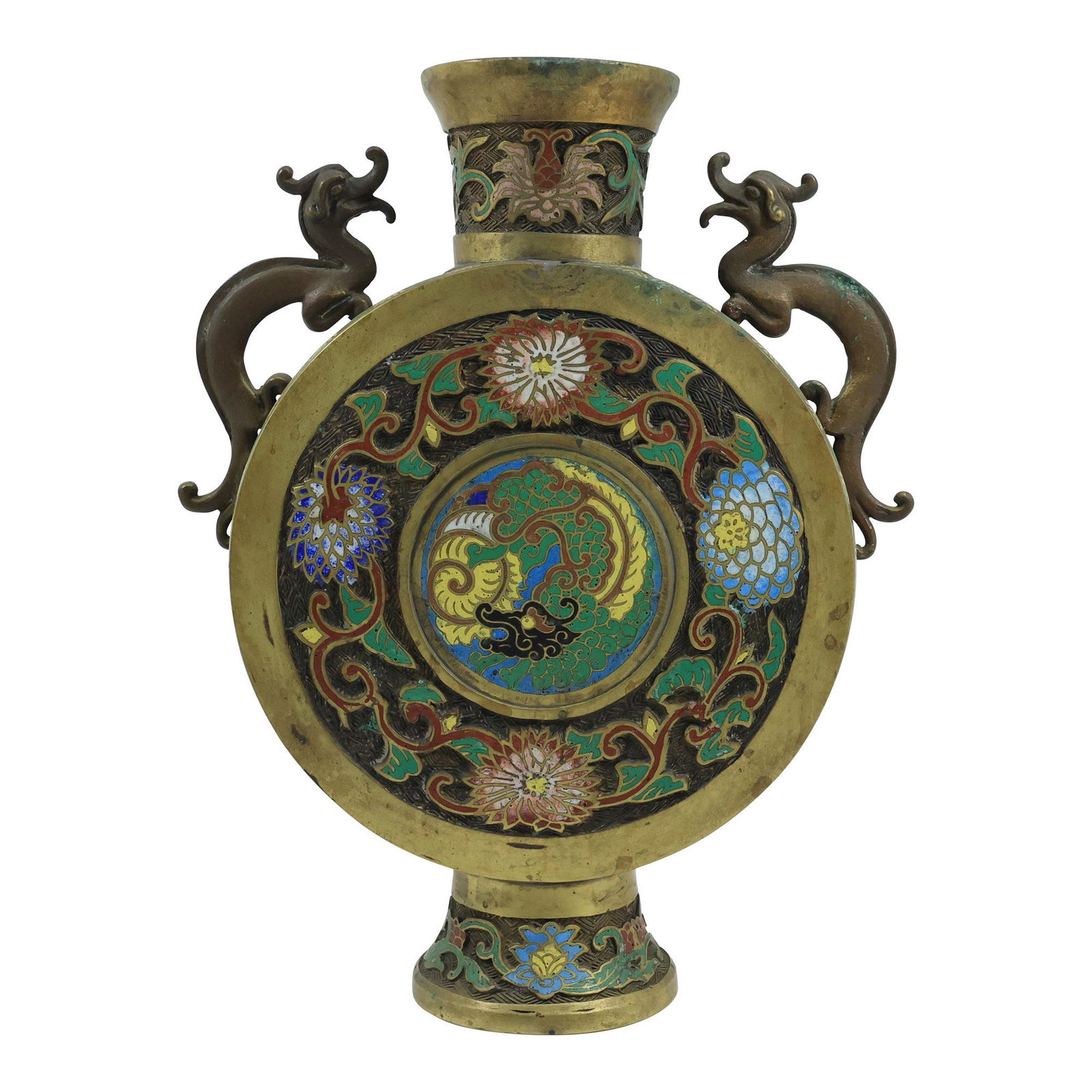Bronze Champleve Round Asian Circle Vase with Handles 13.25 inches height (1 of 20)