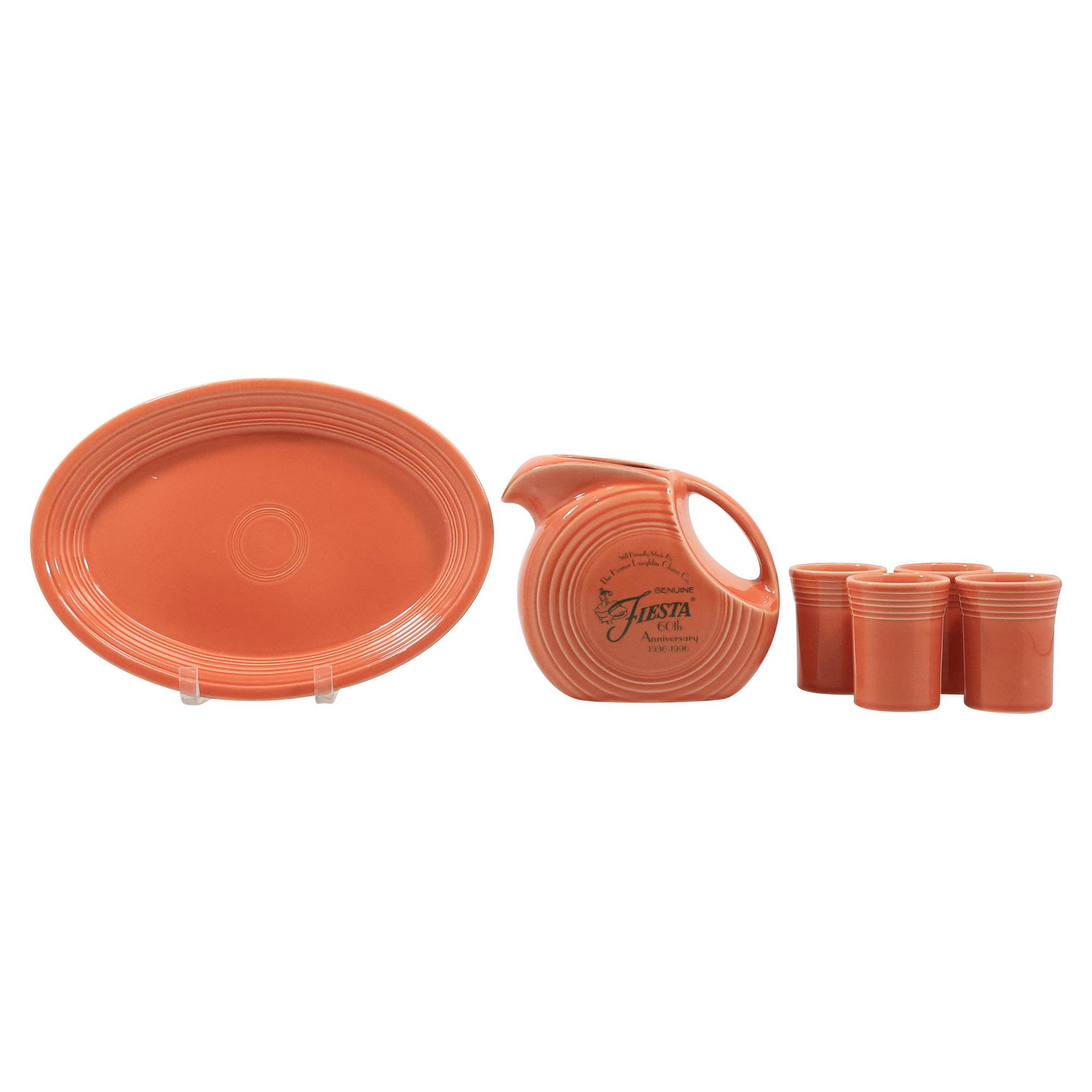 6 Pieces FIESTA Orange Ceramic Water Pitcher, 4 Tumblers and Oval Platter (1 of 20)