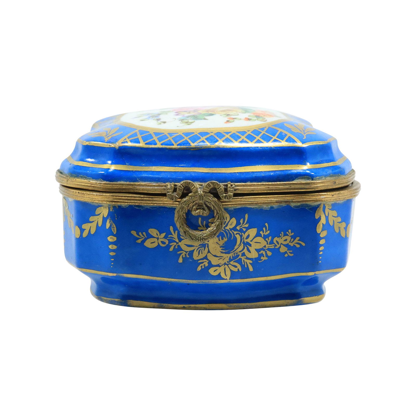 SEVRES Fine Porcelain Dresser Box, Hand Painted Flowers, Blue Box with Gold Decoration (1 of 20)