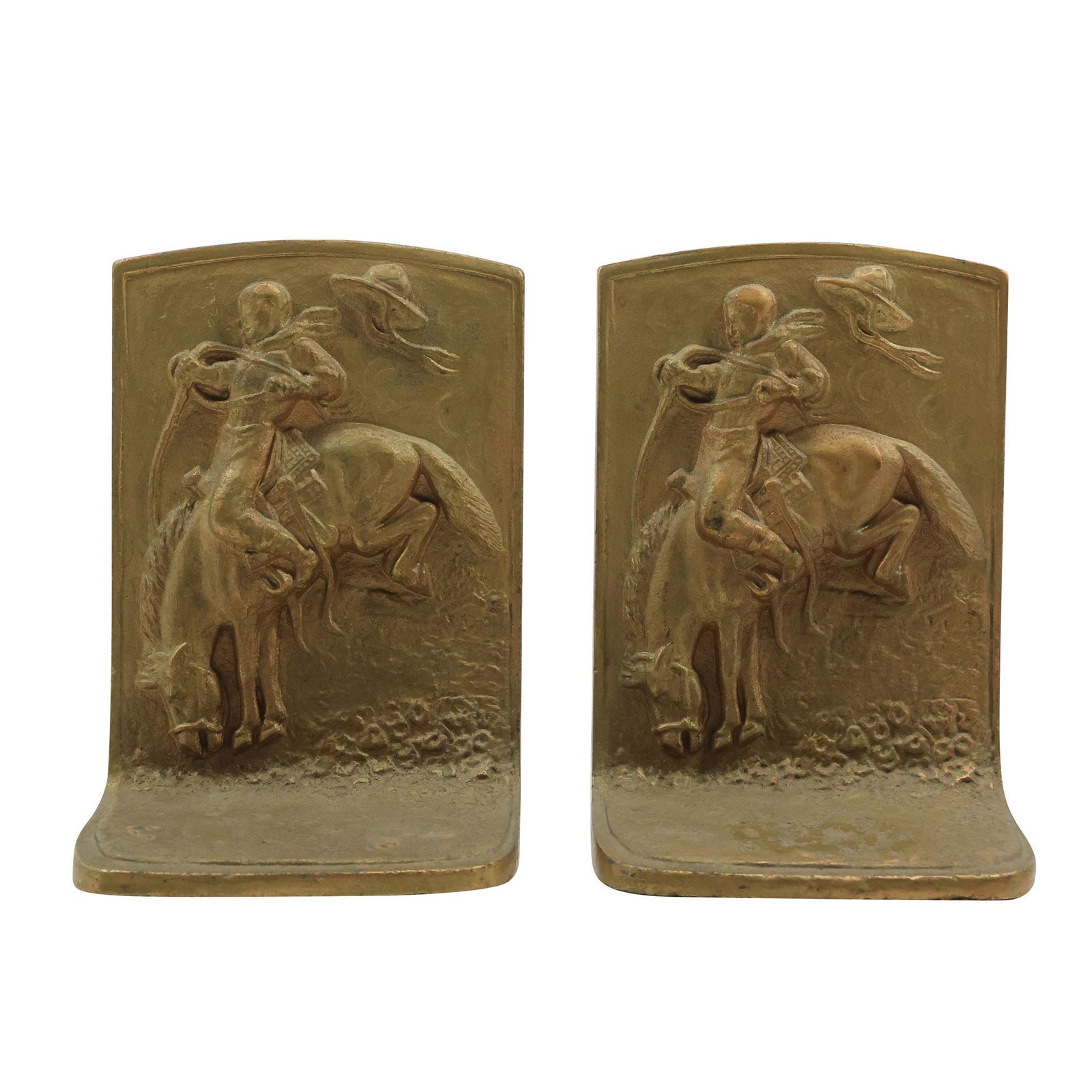 Circa 1920s Bronze Cowboy Bronco Buster Bookends in Original Patina: Circa 1920s Bronze Cowboy Bronco Buster Bookends in Original Patina. size: 6 in. x 4 in. The auction house does not ship any items. We offer our local shipper Gravity Boxes to automatically send buyer
