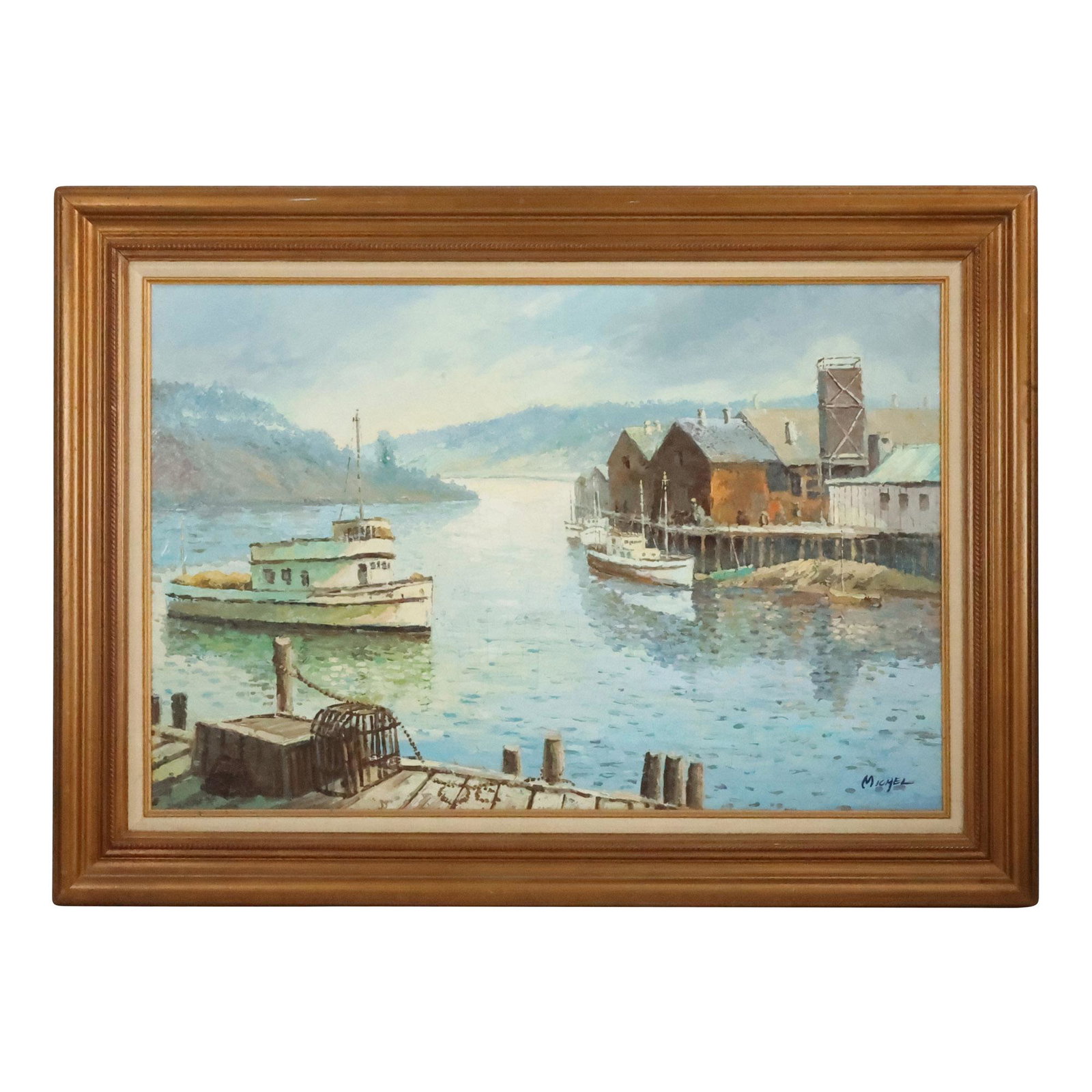 Signed Michel, Vintage Oil on Canvas Painting Lobster Boats at Fishing Wharf (1 of 15)