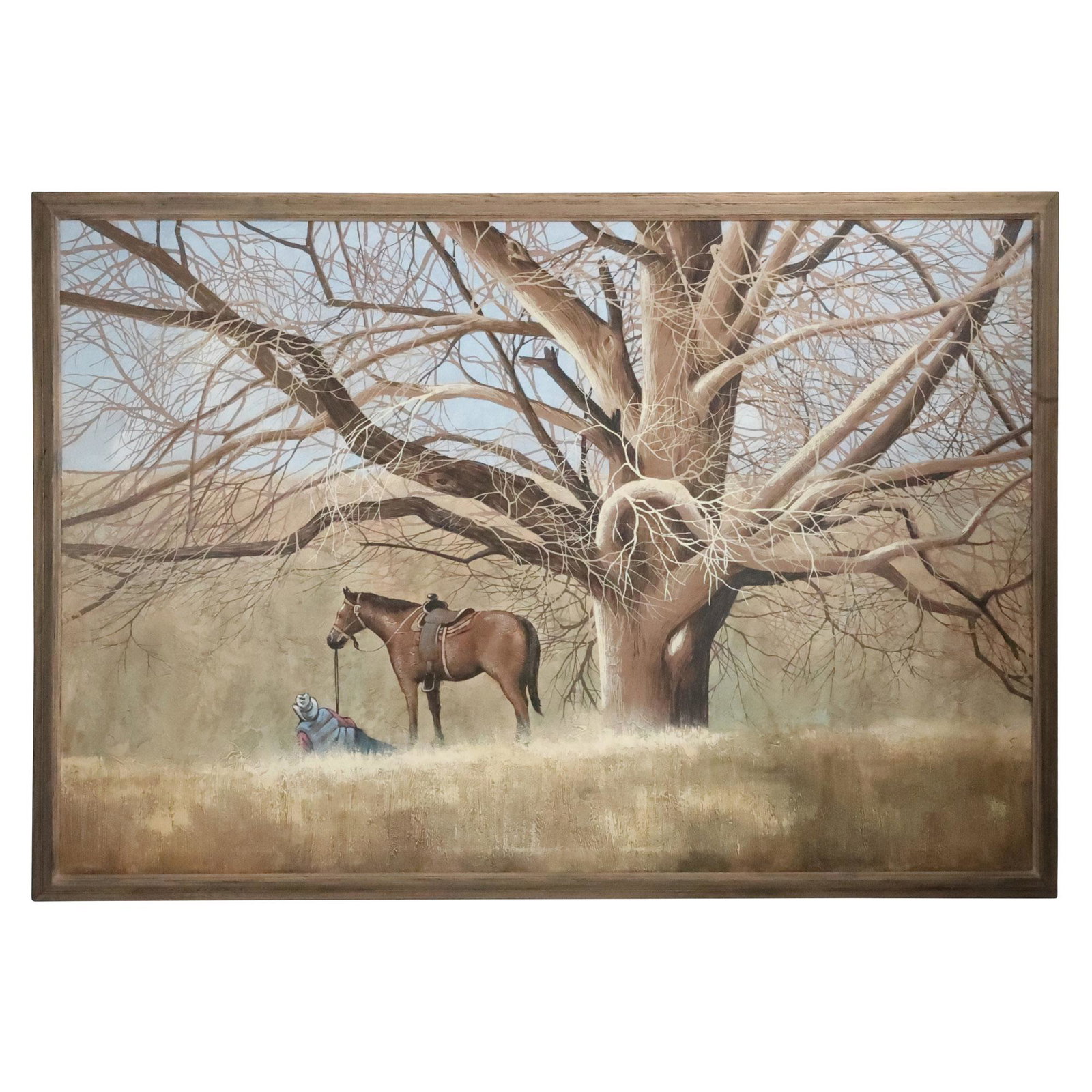 Very Fine Large Oil on Canvas Painting Landscape with Tree, Cowboy and Horse, Framed (1 of 14)