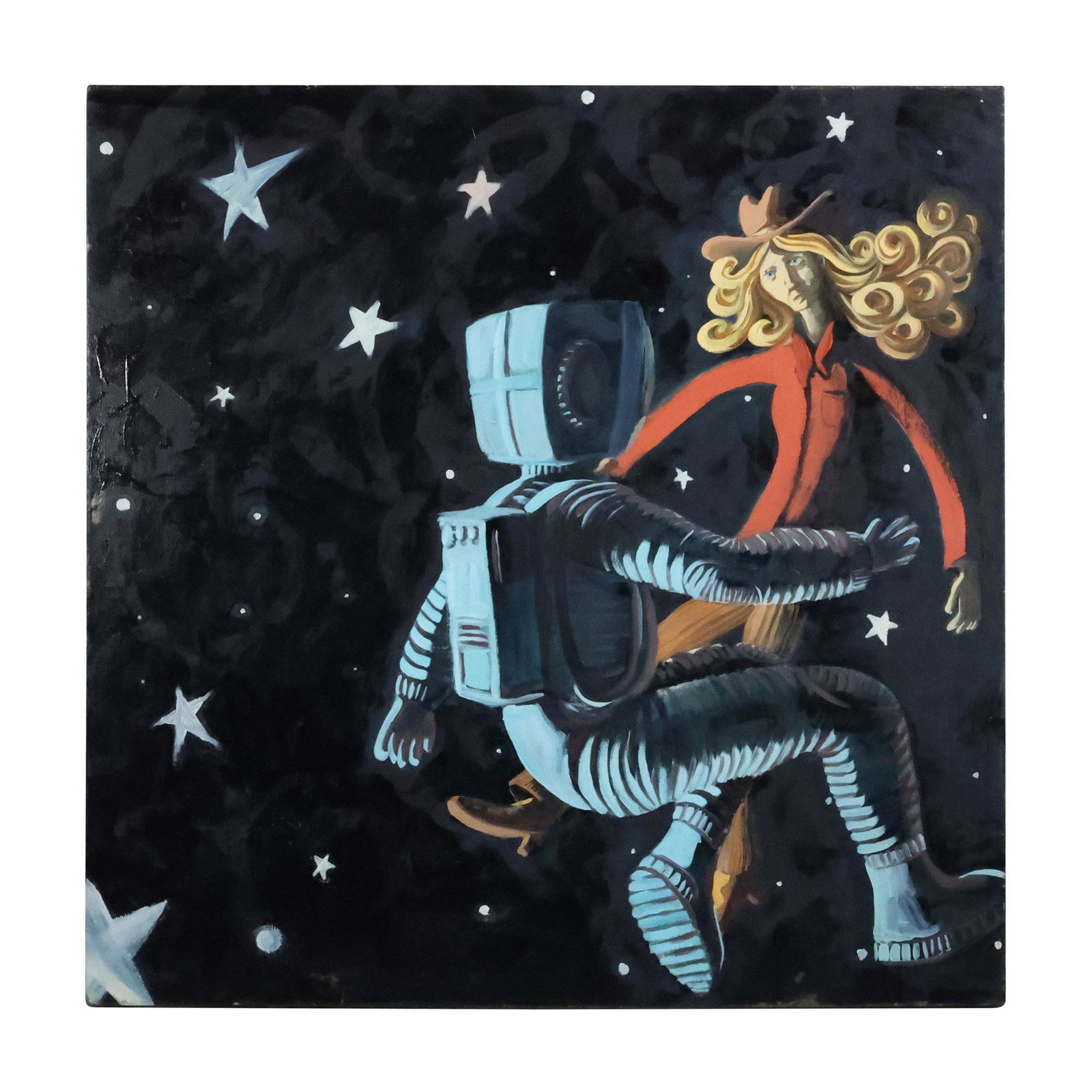 Matthew Frank 2015, Space Age Surrealism Oil on Canvas Painting Astronaut & Figure: Matthew Frank 2015, Space Age Surrealism Oil on Canvas Painting Astronaut & Figure. size: 36 x 36