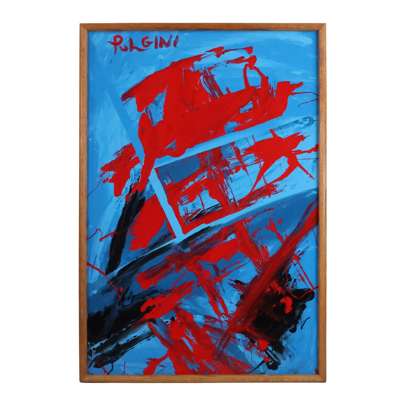 Thomas Pulgini, American, Oil on Board Painting Abstract Red on Blue, Signed, Framed (1 of 14)