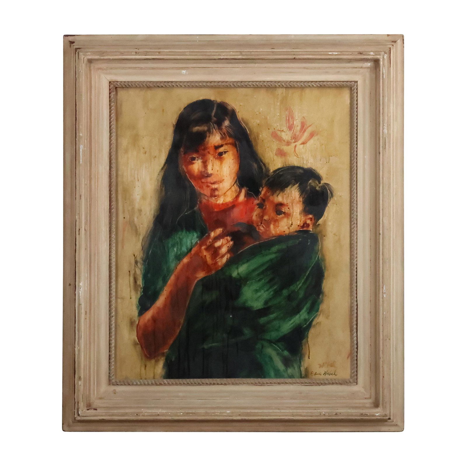 Edna Hibel, Original Oil Painting on Board, Signed, Asian Mother and Child, Original Frame (1 of 11)
