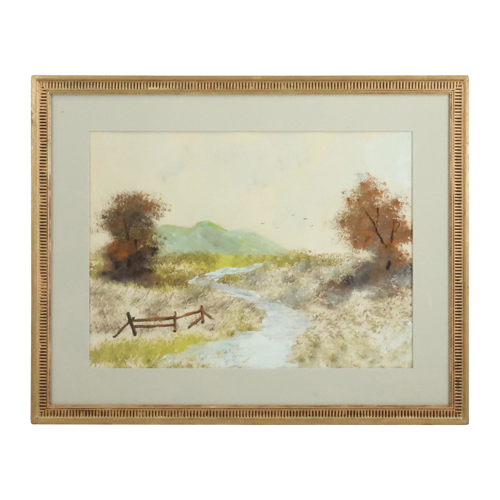 Vintage Watercolor Painting Countryside Landscape with Stream, Framed (1 of 12)