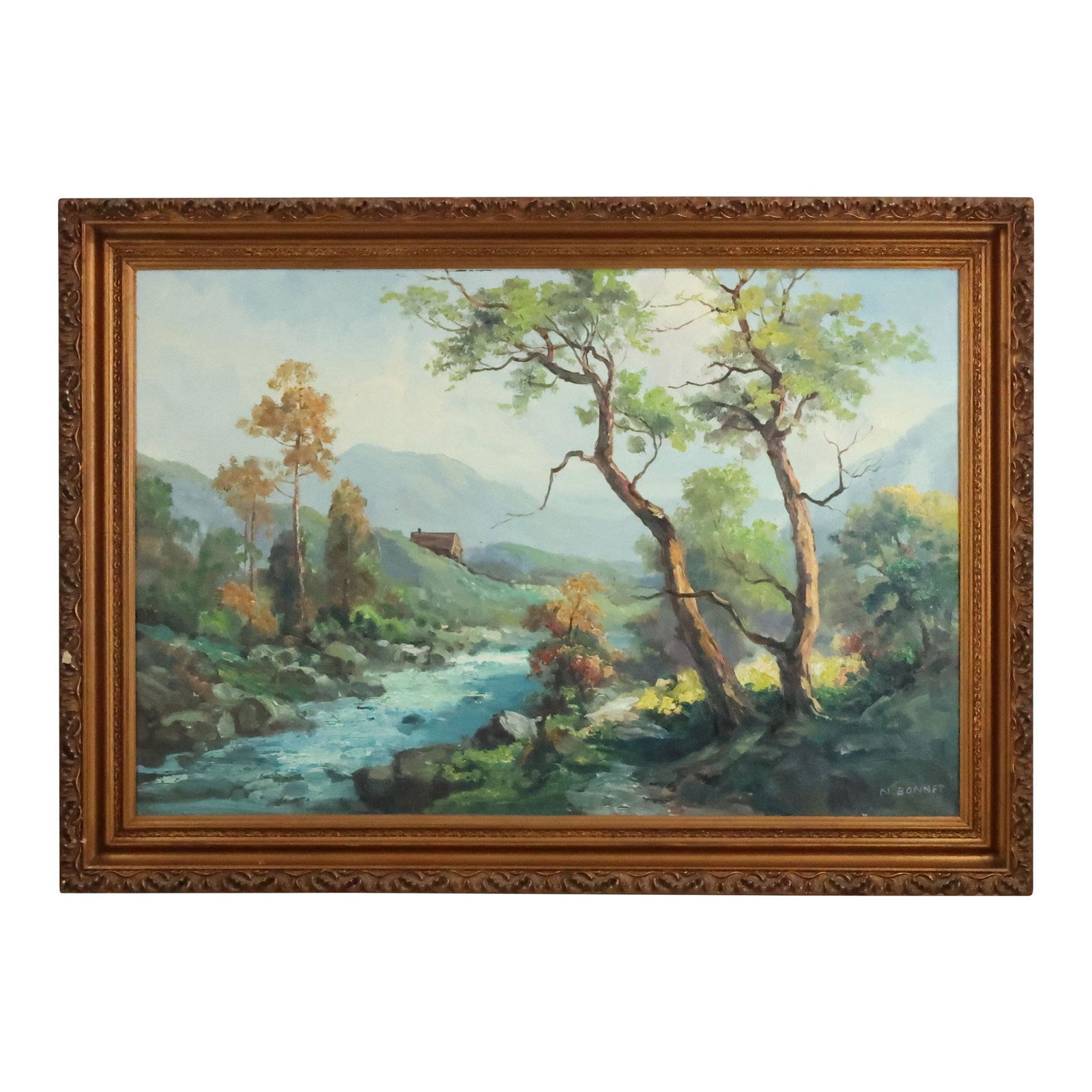 Signed N Bonnet, Vintage Oil on Canvas Painting Landscape With Stream, Framed (1 of 14)