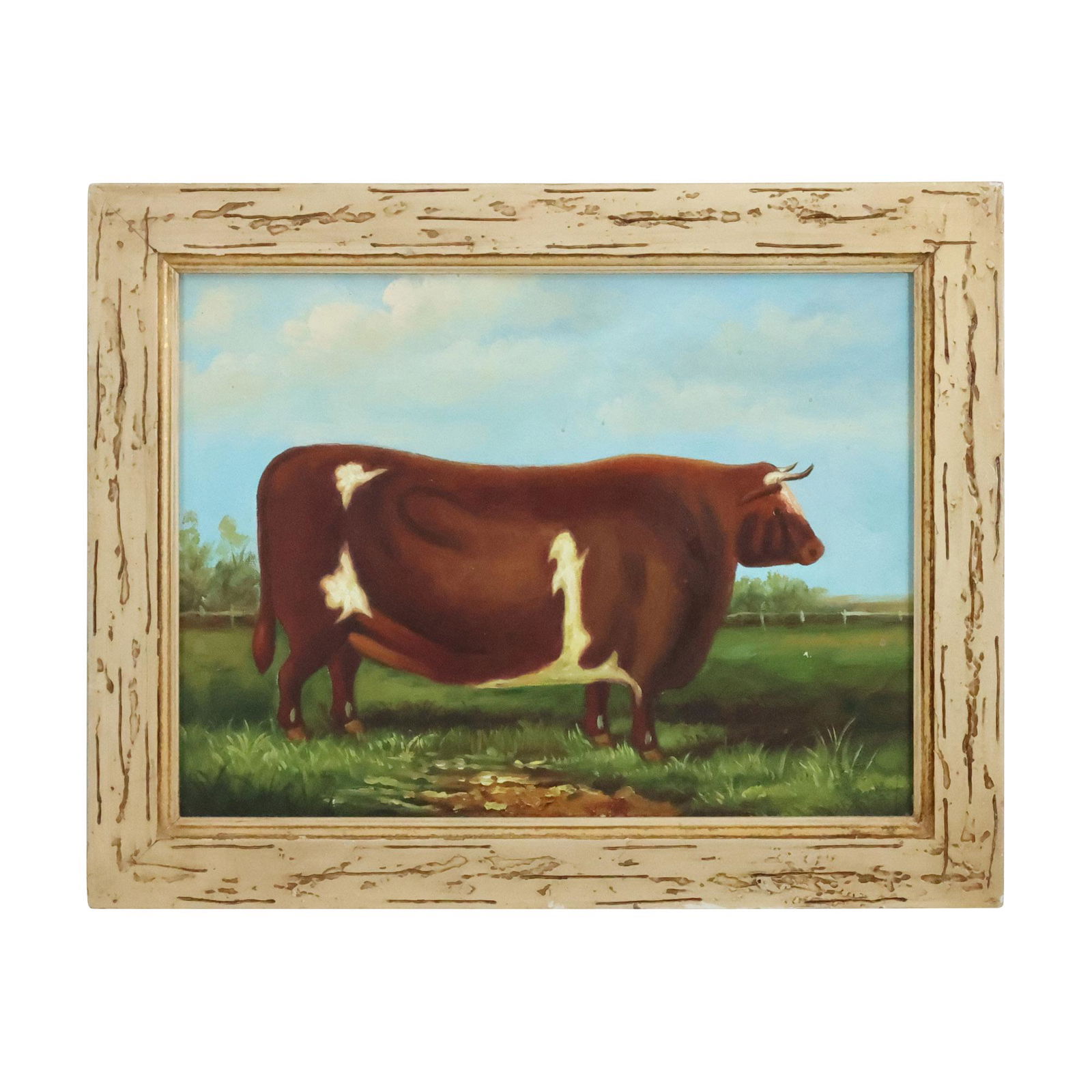 Unsigned 20th C. Oil on Board Painting SHORT HORN COW IN A FIELD, Framed (1 of 11)