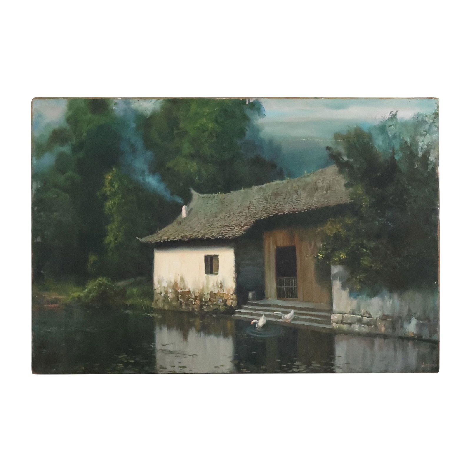 Signed on Monogram, Asian, Oil on Canvas Painting, Boat House on Lake (1 of 16)